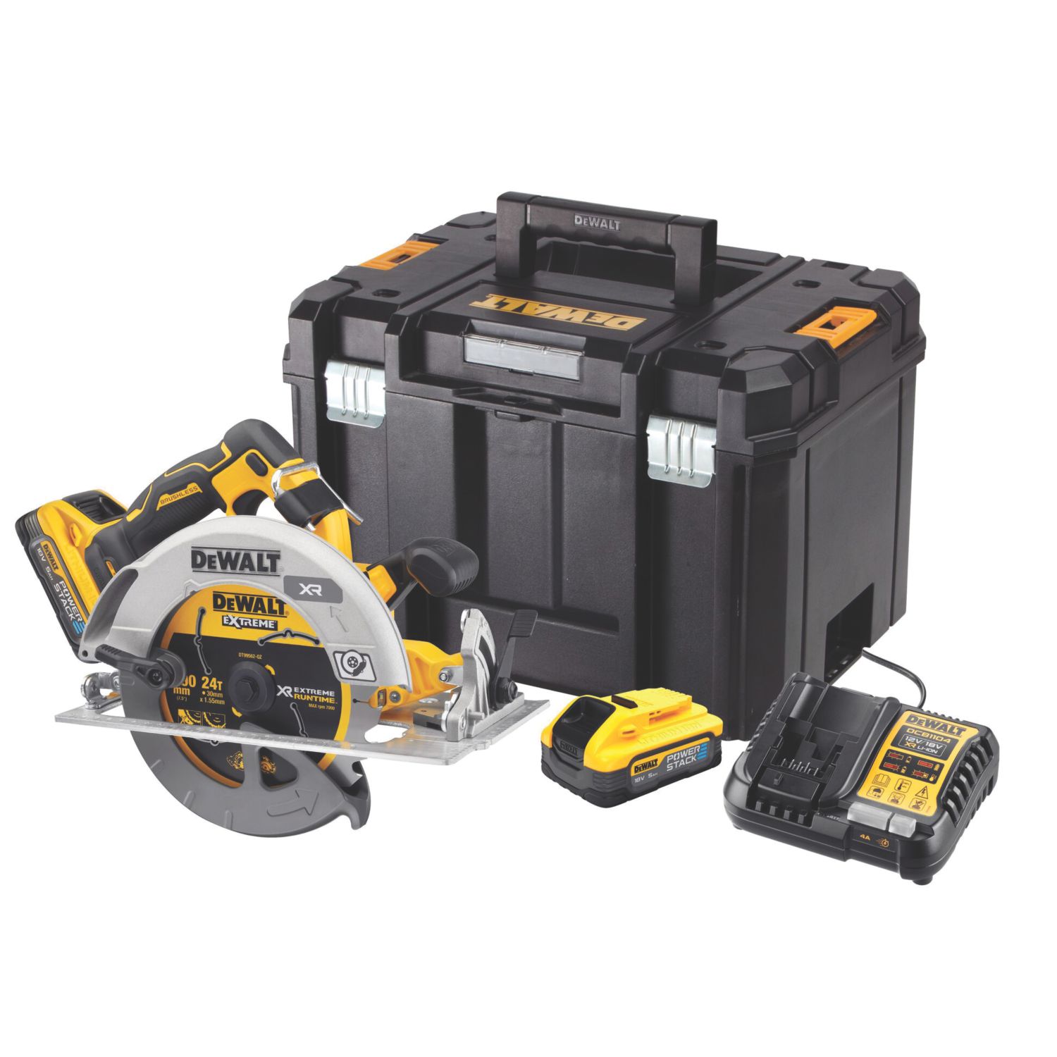 DeWalt DCS573H2T-GB 190mm 18V 2 x 5.0Ah Li-Ion PowerStack Brushless Cordless Circular Saw (370VN)