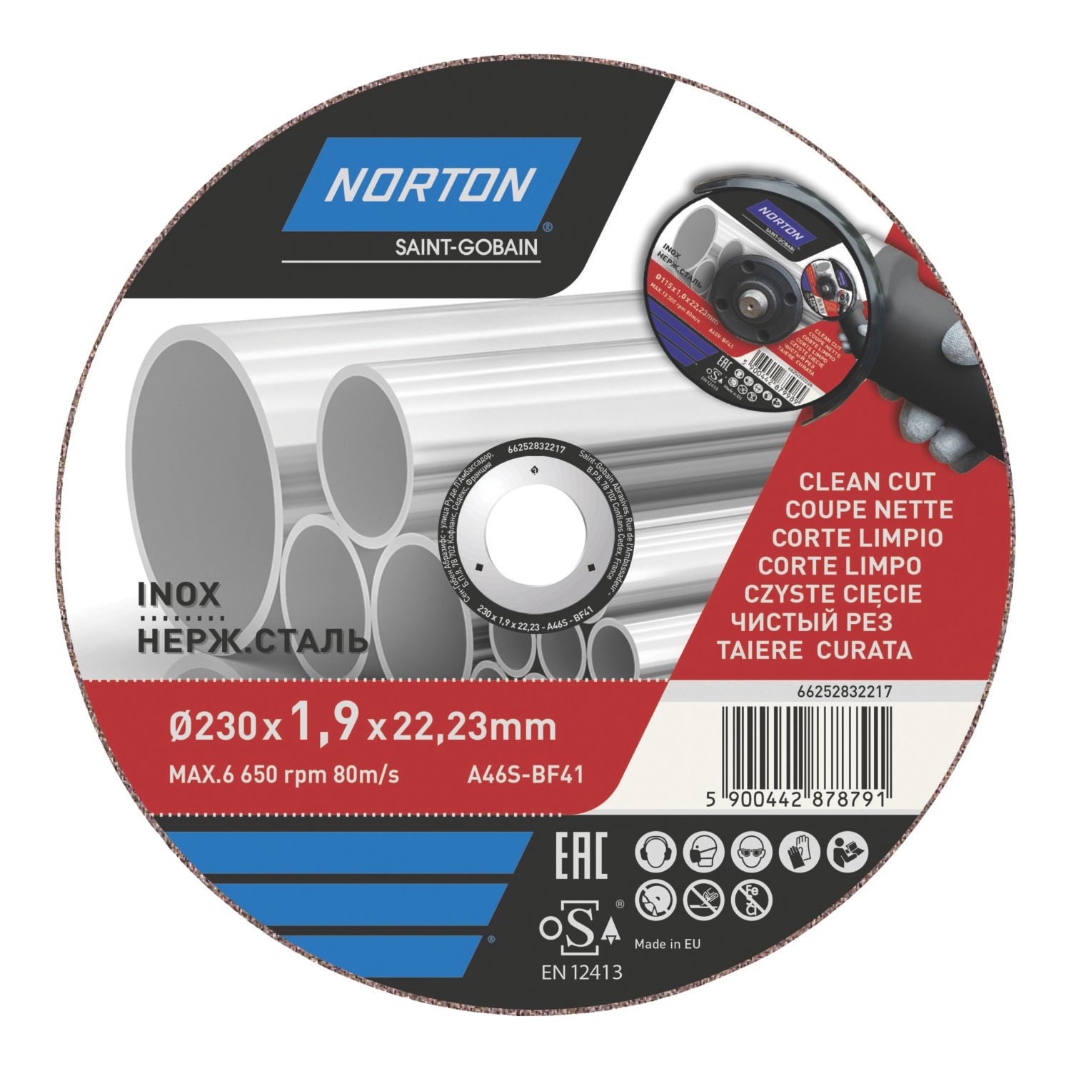 Norton Stainless Steel Cutting Disc 230mm (9") x 22.2mm (3751V)