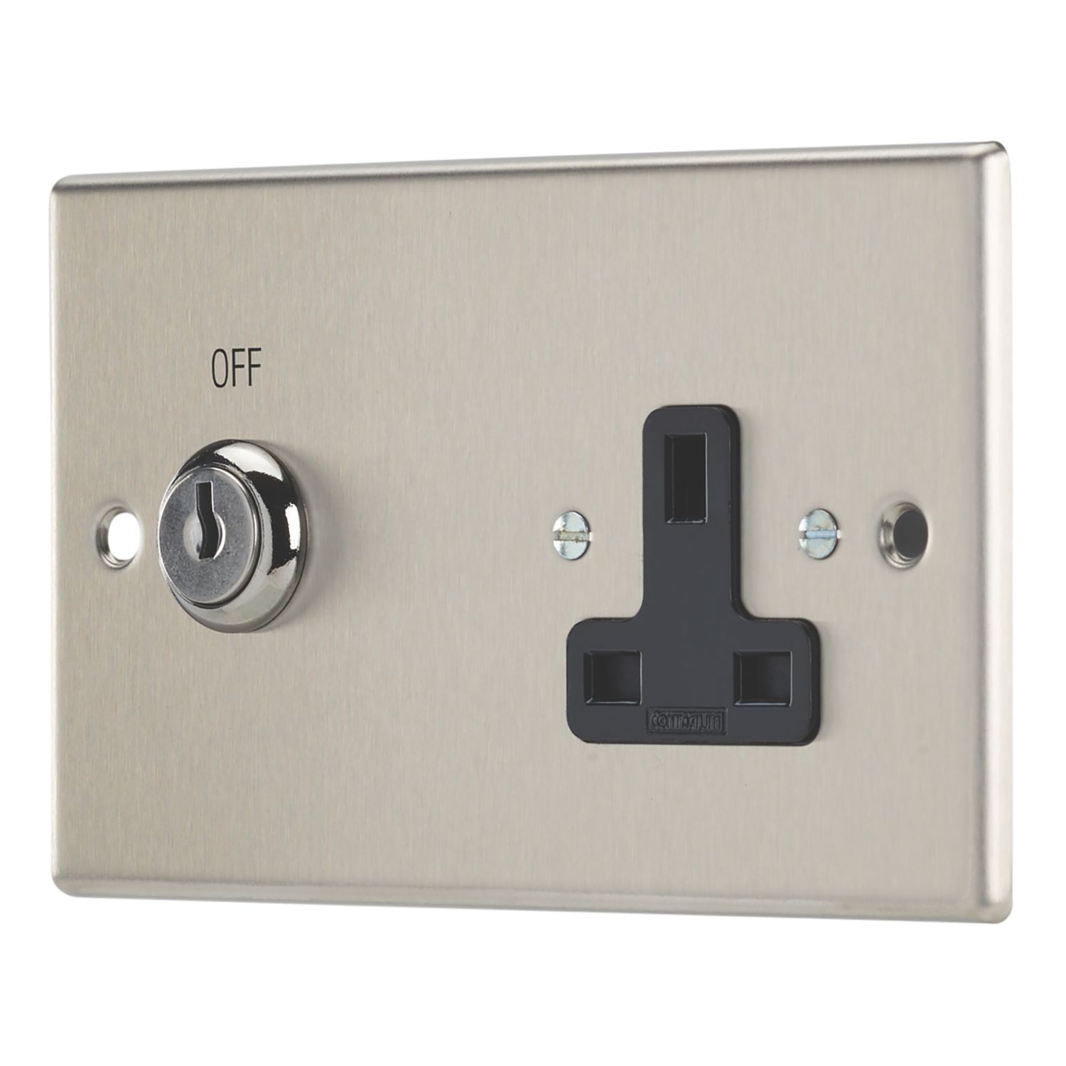 Contactum iConic 13A Key Switch 1-Gang 2-Pole Switched Socket Brushed Steel with Black Inserts (376RP)