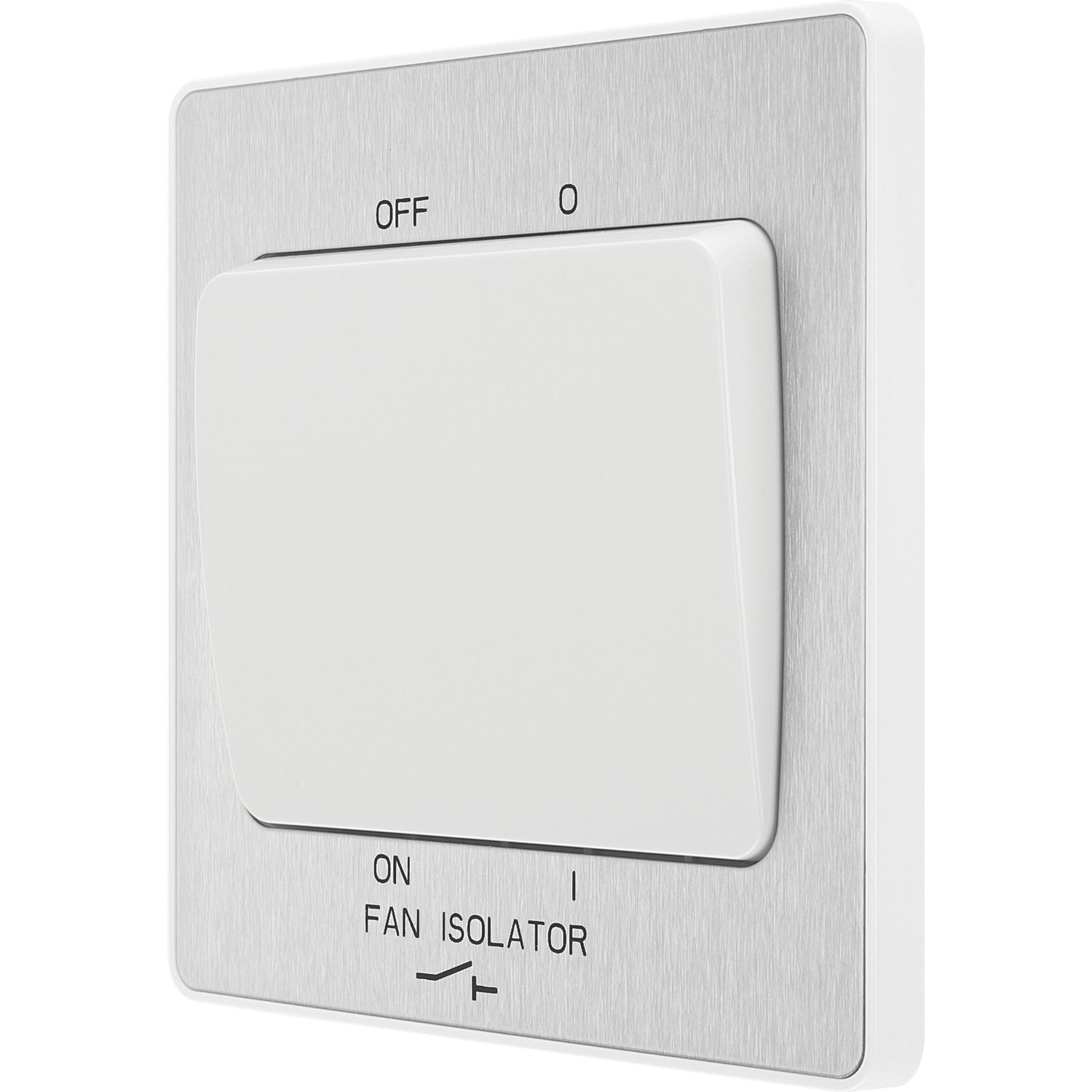 British General Evolve 10A 1-Gang 3-Pole Fan Isolator Switch Brushed Steel with White Inserts (378PX)