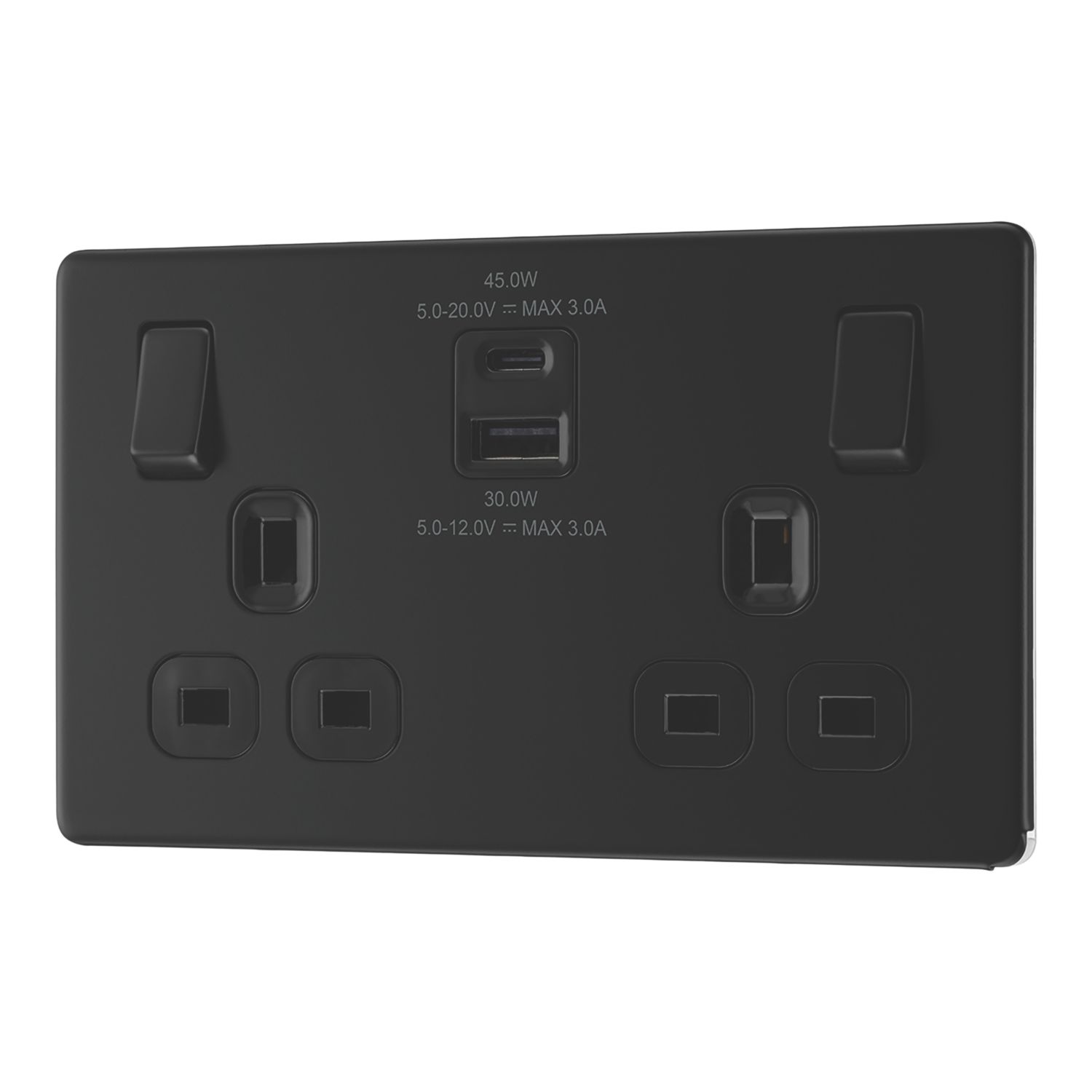 LAP 13A 2-Gang SP Switched Socket + 3A 45W 2-Outlet Type A & C USB Charger Matt Black with Black Inserts (381PN)