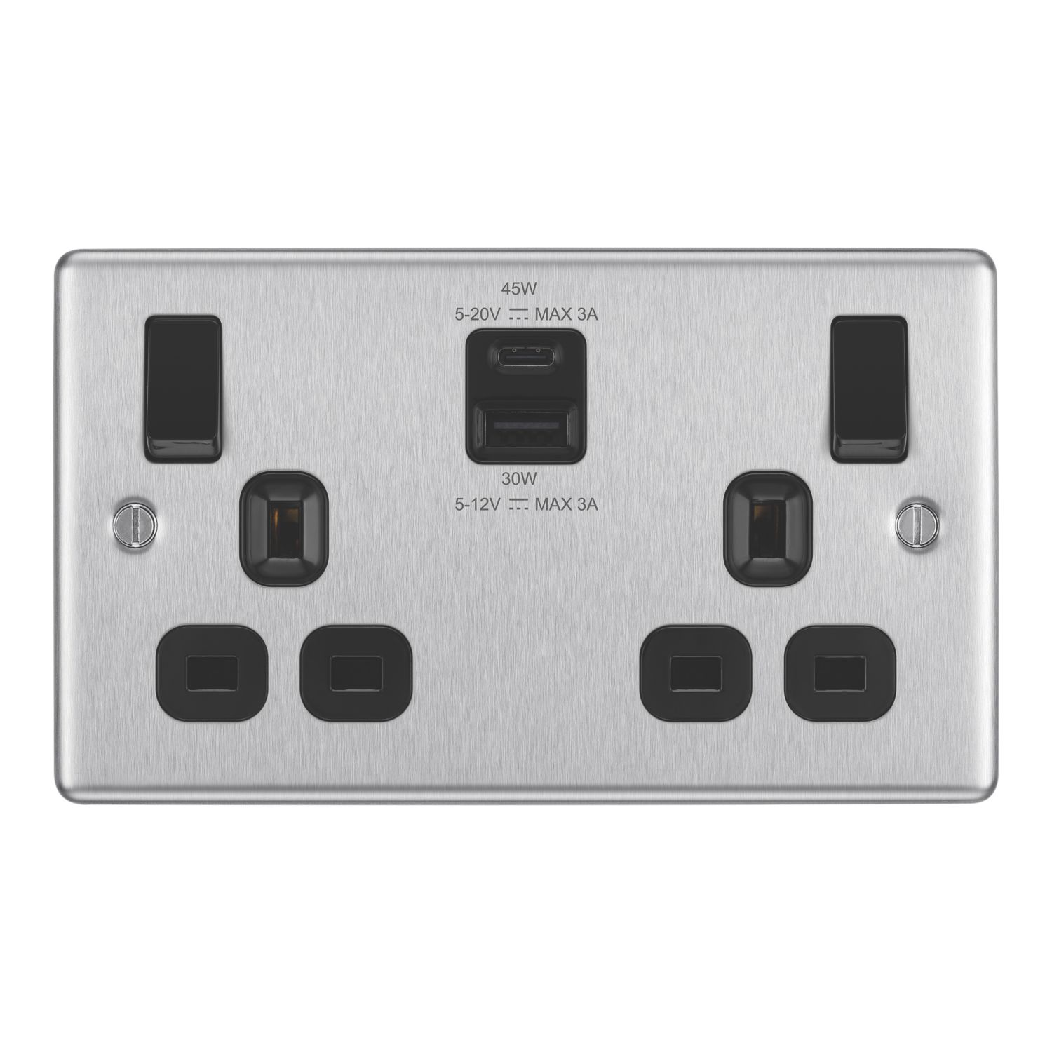 LAP 13A 2-Gang SP Switched Socket + 3A 45W 2-Outlet Type A & C USB Charger Brushed Steel with Black Inserts (382PN)