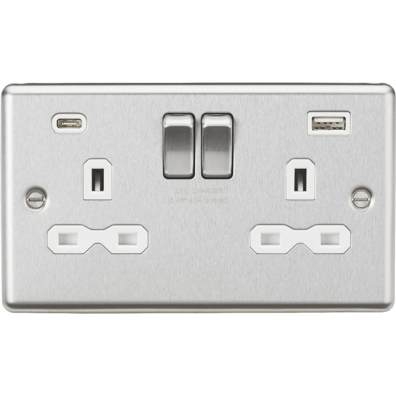 Knightsbridge 13A 2-Gang SP Switched Socket + 4.0A 20W 2-Outlet Type A & C USB Charger Brushed Chrome with White Inserts (382PX)