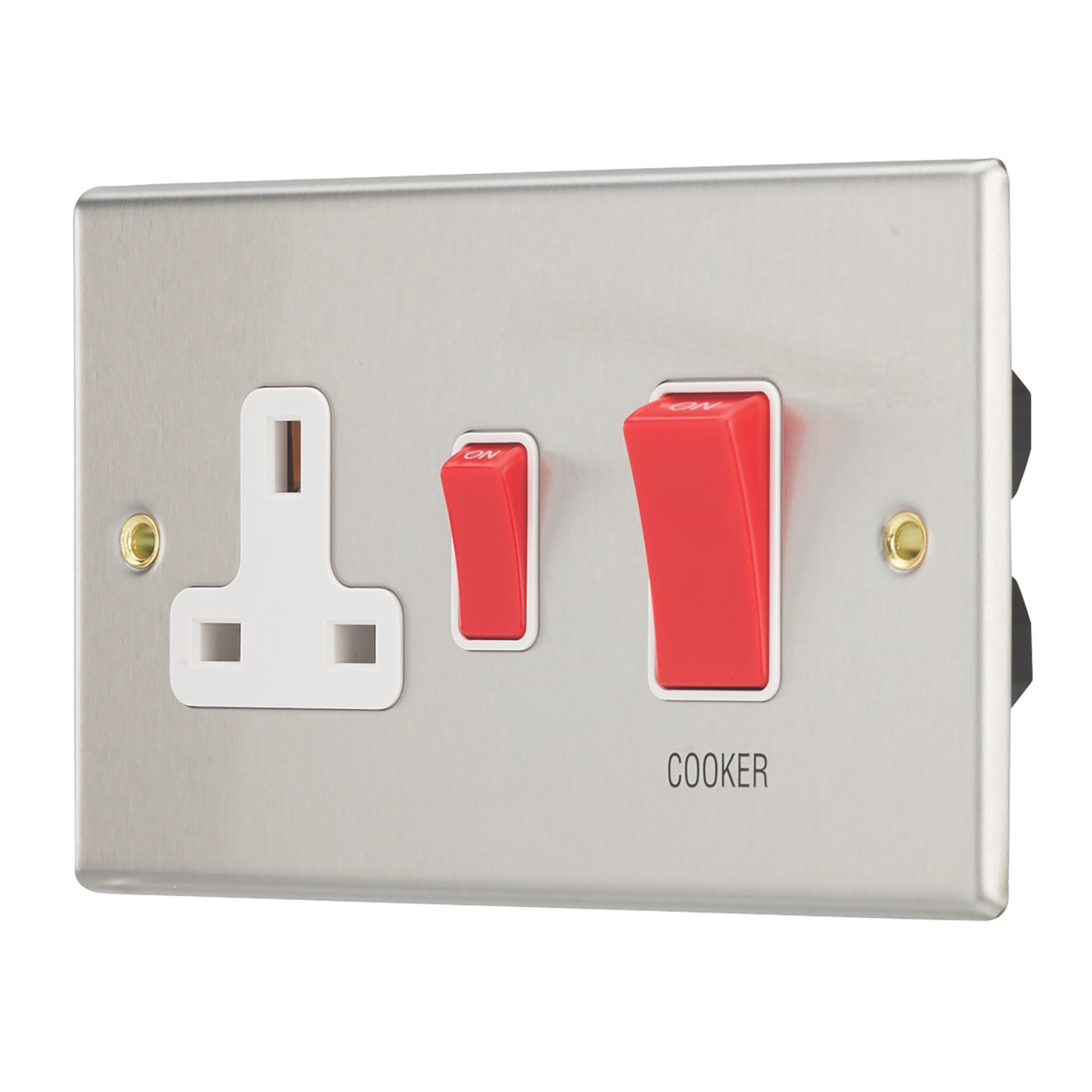 Contactum iConic 45A 2-Gang DP Cooker Switch & 13A DP Switched Socket Brushed Steel with White Inserts (391RP)