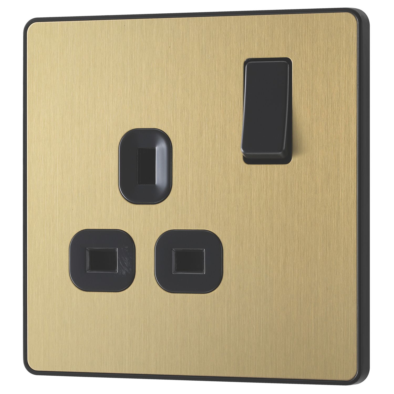British General Evolve 13A 1-Gang SP Switched Socket Satin Brass with Black Inserts (394RF)