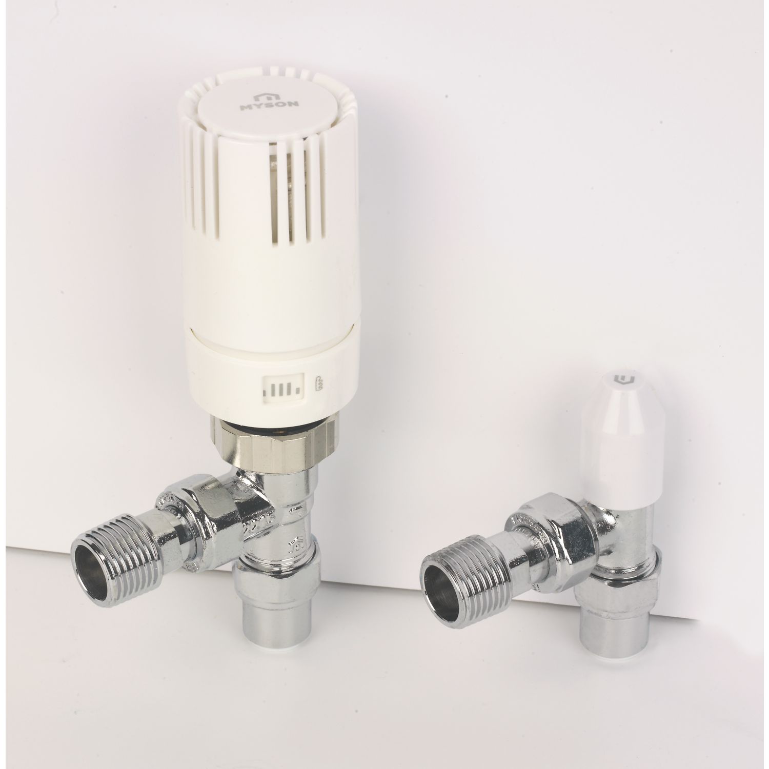 Myson TRV2PAK10ACPF 10mm x 1/2" Chrome/White Angled Standard Thermostatic Radiator Valve & Lockshield (399PX)
