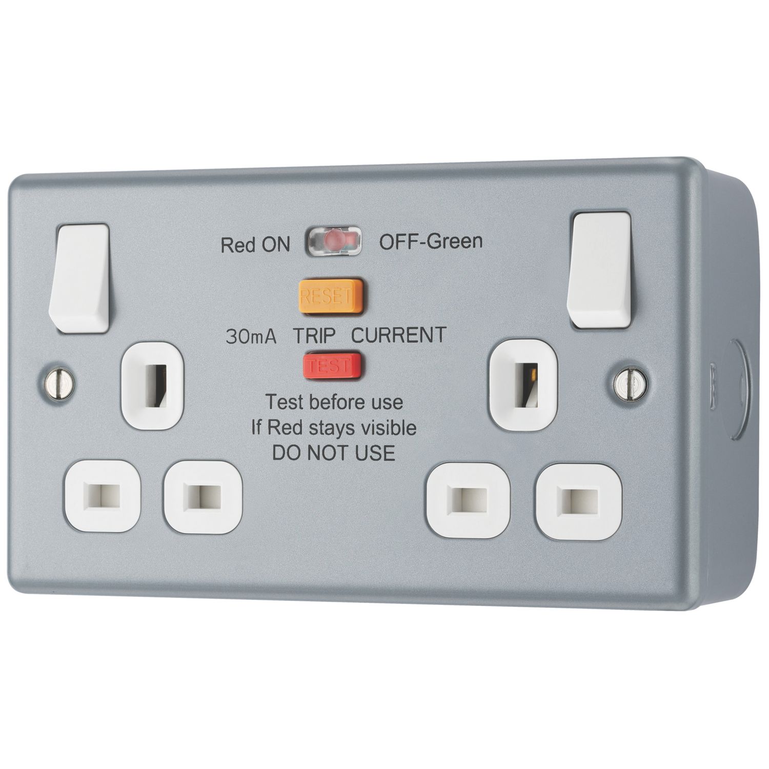British General 13A 2-Gang SP Switched Metal Clad Passive Type A RCD Socket with White Inserts (402PM)
