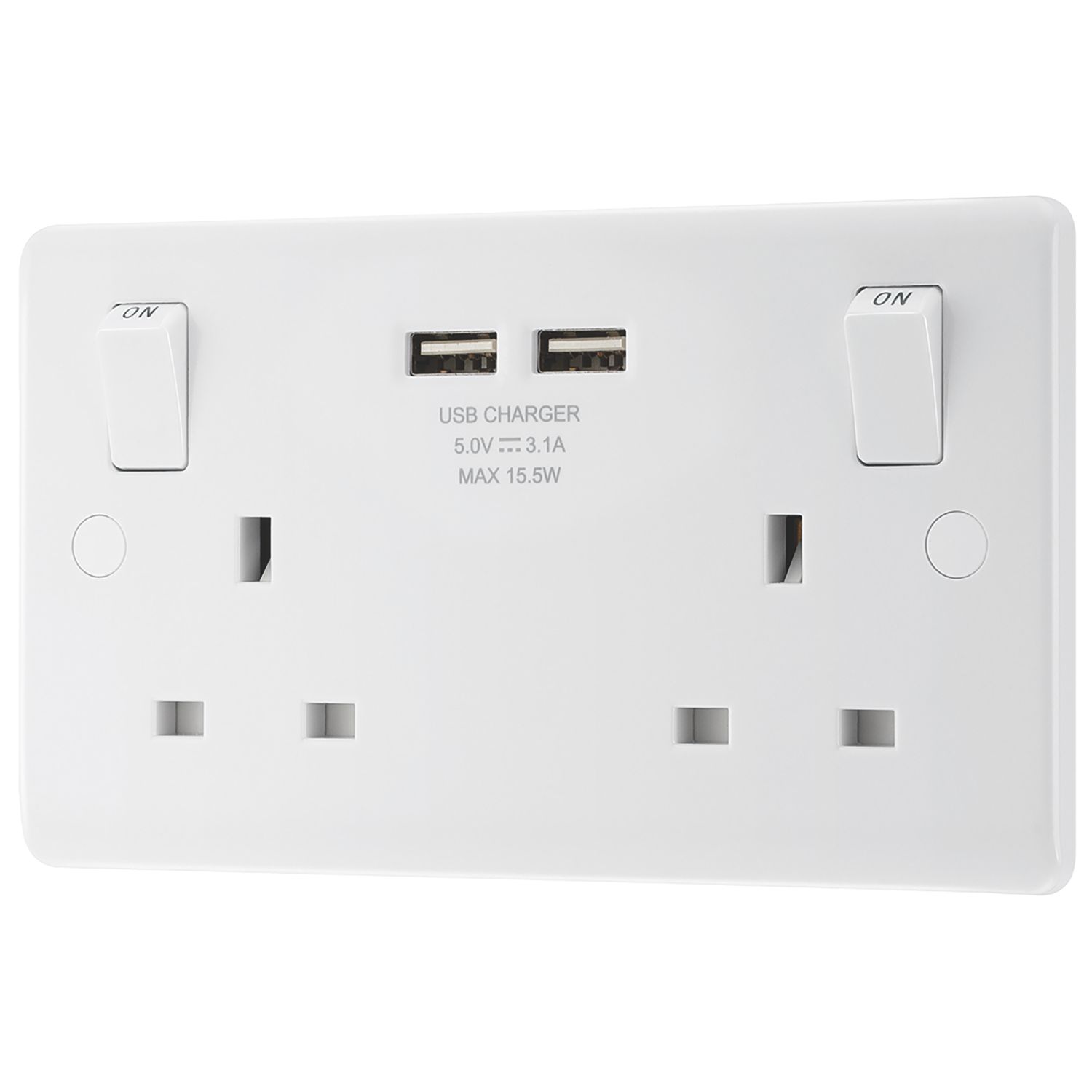 LAP 13A 2-Gang SP Switched Socket + 3.1A 15.5W 2-Outlet Type A USB Charger White (4087P)
