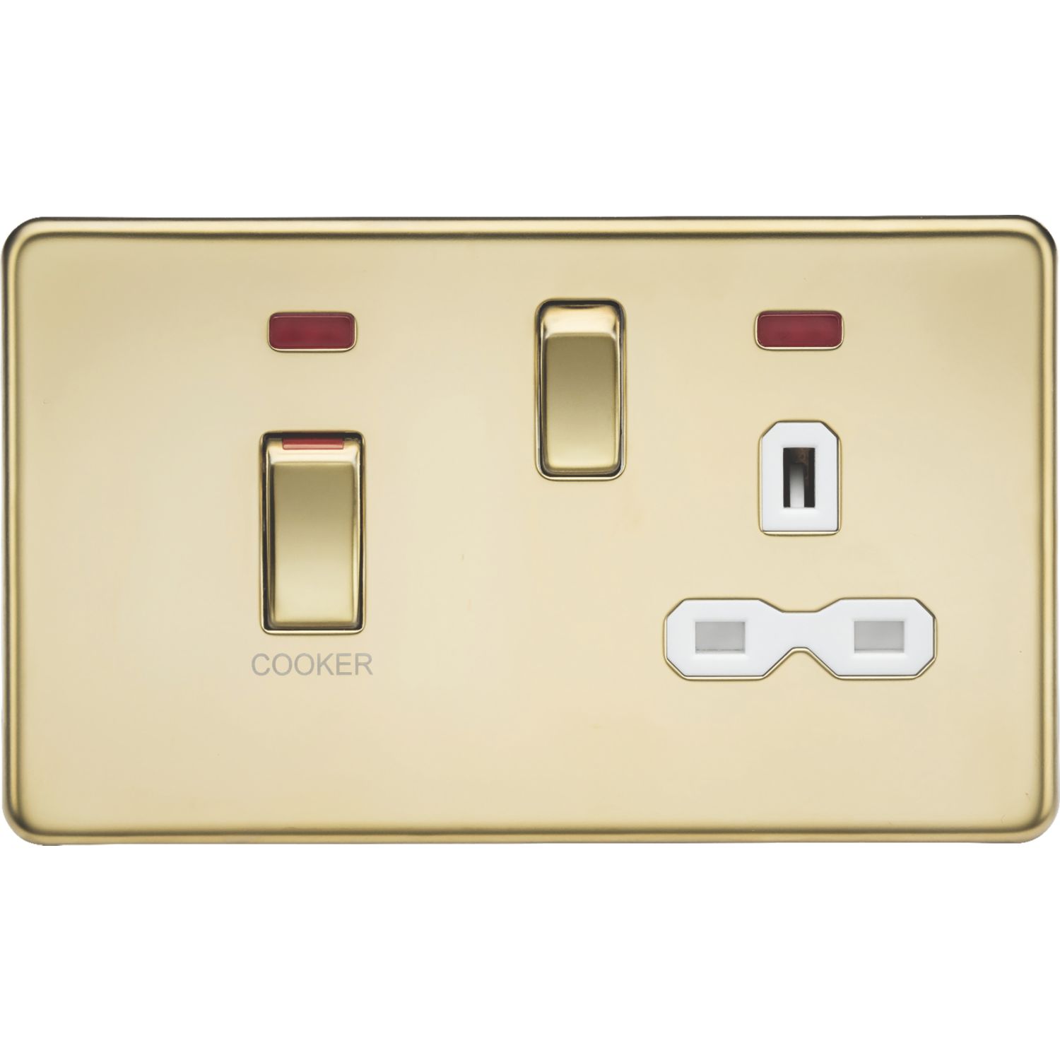 Knightsbridge 45A 2-Gang DP Cooker Switch & 13A DP Switched Socket Polished Brass with LED with White Inserts (408TX)