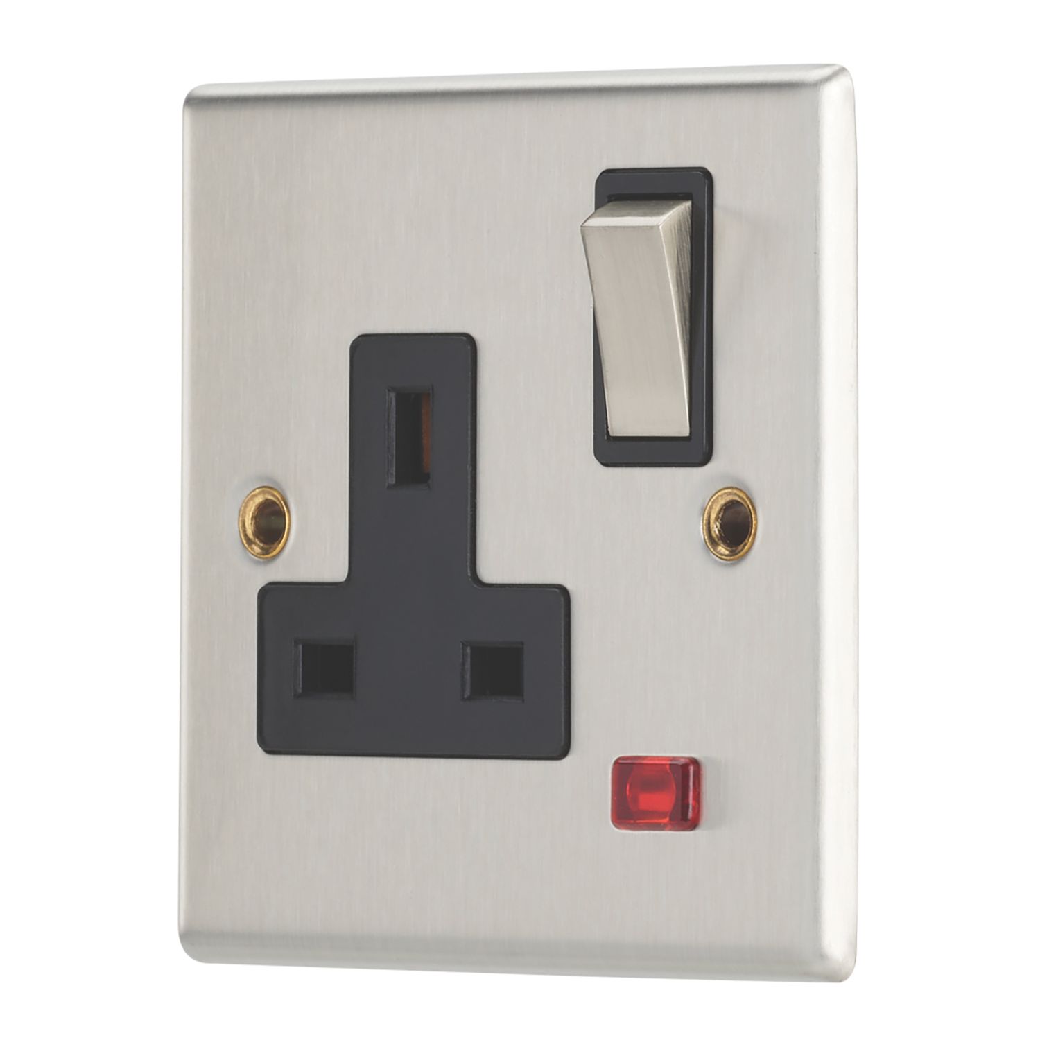 Contactum Iconic 13A 1-Gang DP Switched Socket Outlet Brushed Steel with Neon with Black Inserts (414RP)