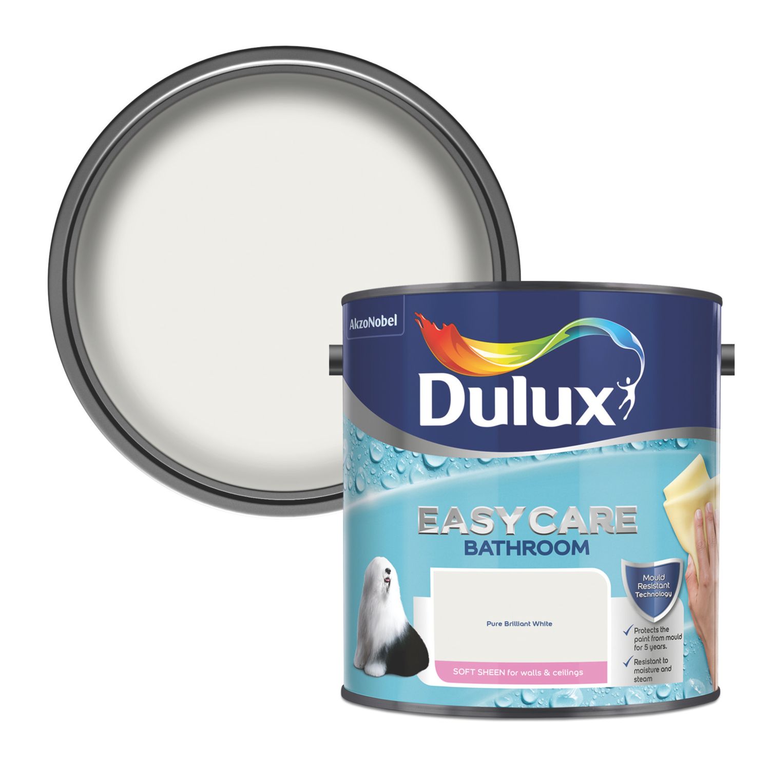 Dulux EasyCare 2.5Ltr Pure Brilliant White Soft Sheen Emulsion Bathroom Paint (42729)