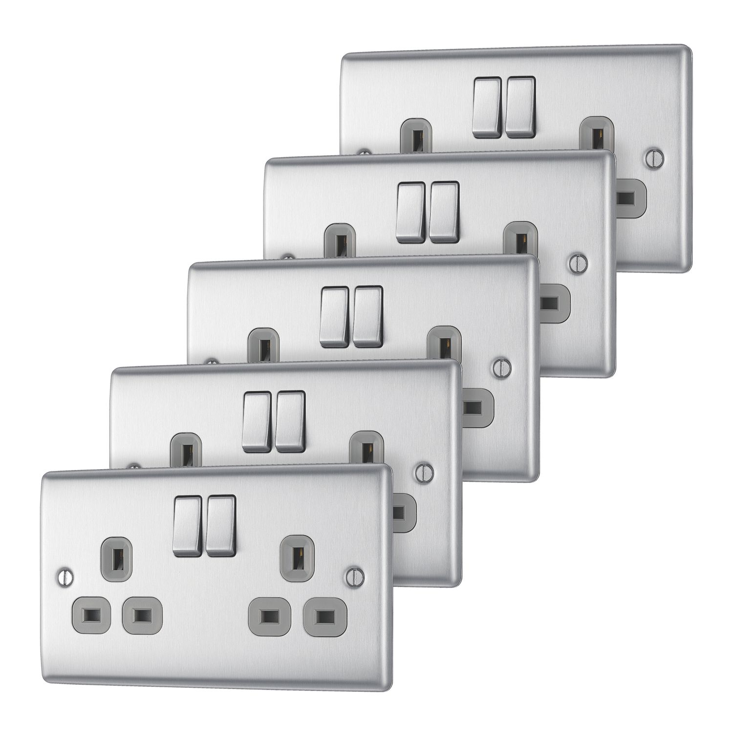 British General Nexus Metal 13A 2-Gang DP Switched Plug Sockets Brushed Steel with Grey Inserts 5 Pack (429CH)