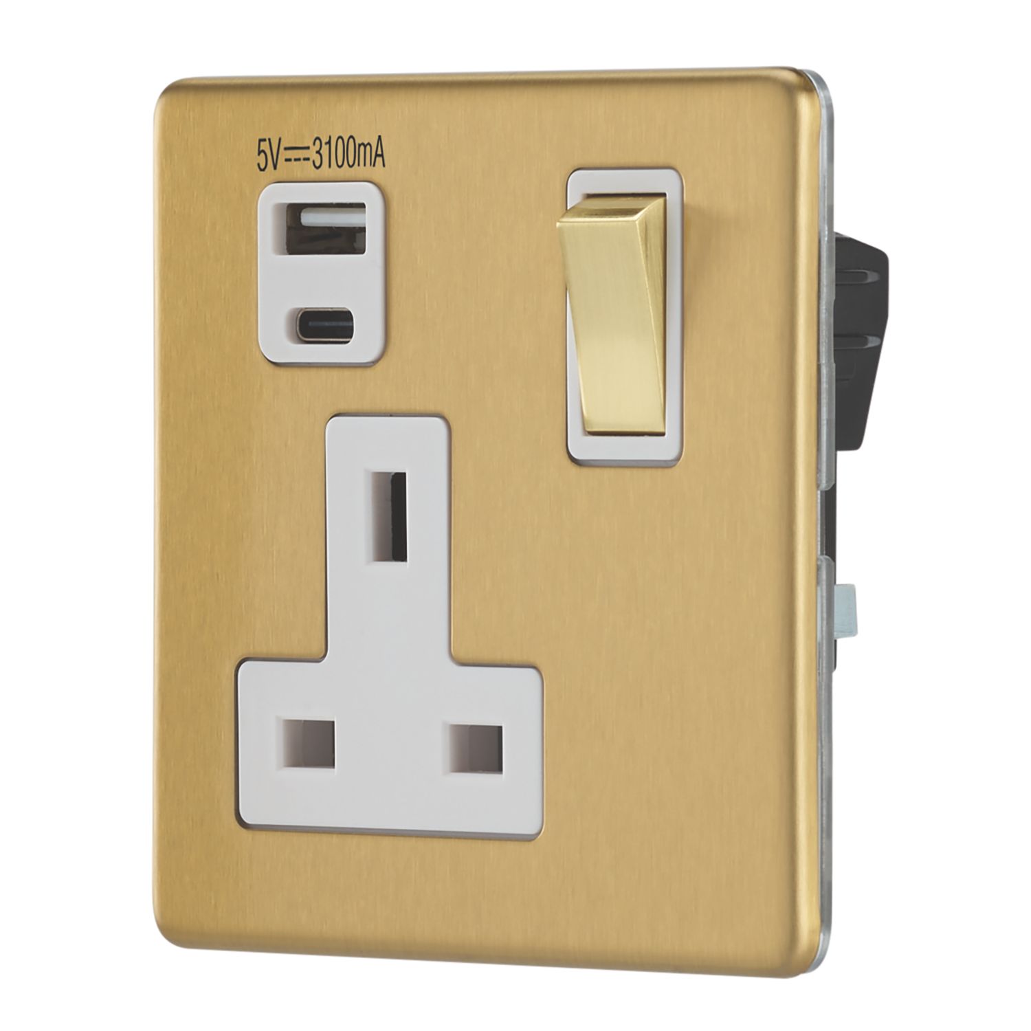 Contactum Lyric 13A 1-Gang DP Switched Socket + 3.1A 15.5W 1-Outlet Type A & C USB Charger Brushed Brass with White Inserts (429RP)