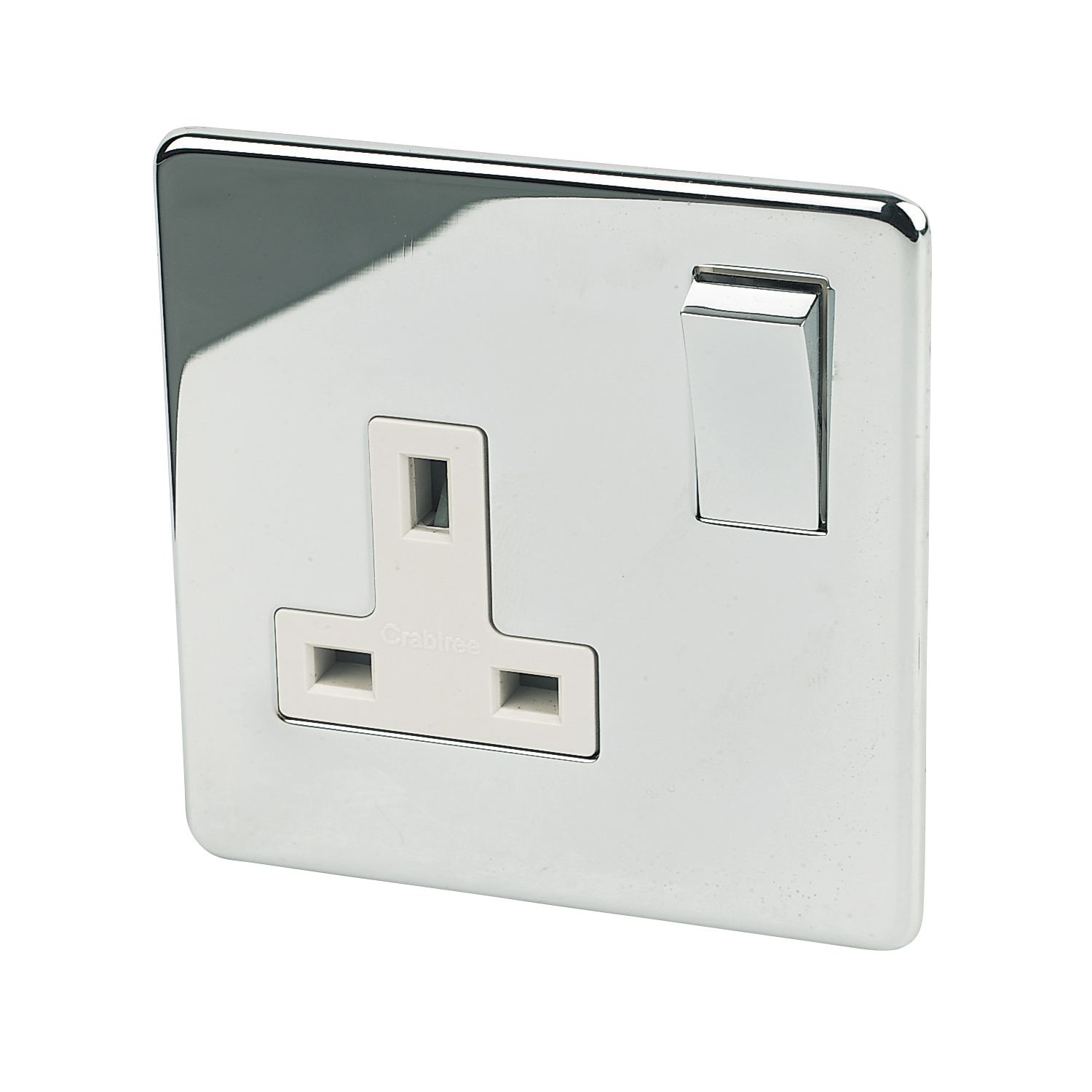 Crabtree Platinum 13A 1-Gang DP Switched Plug Socket Polished Chrome with White Inserts (43640)