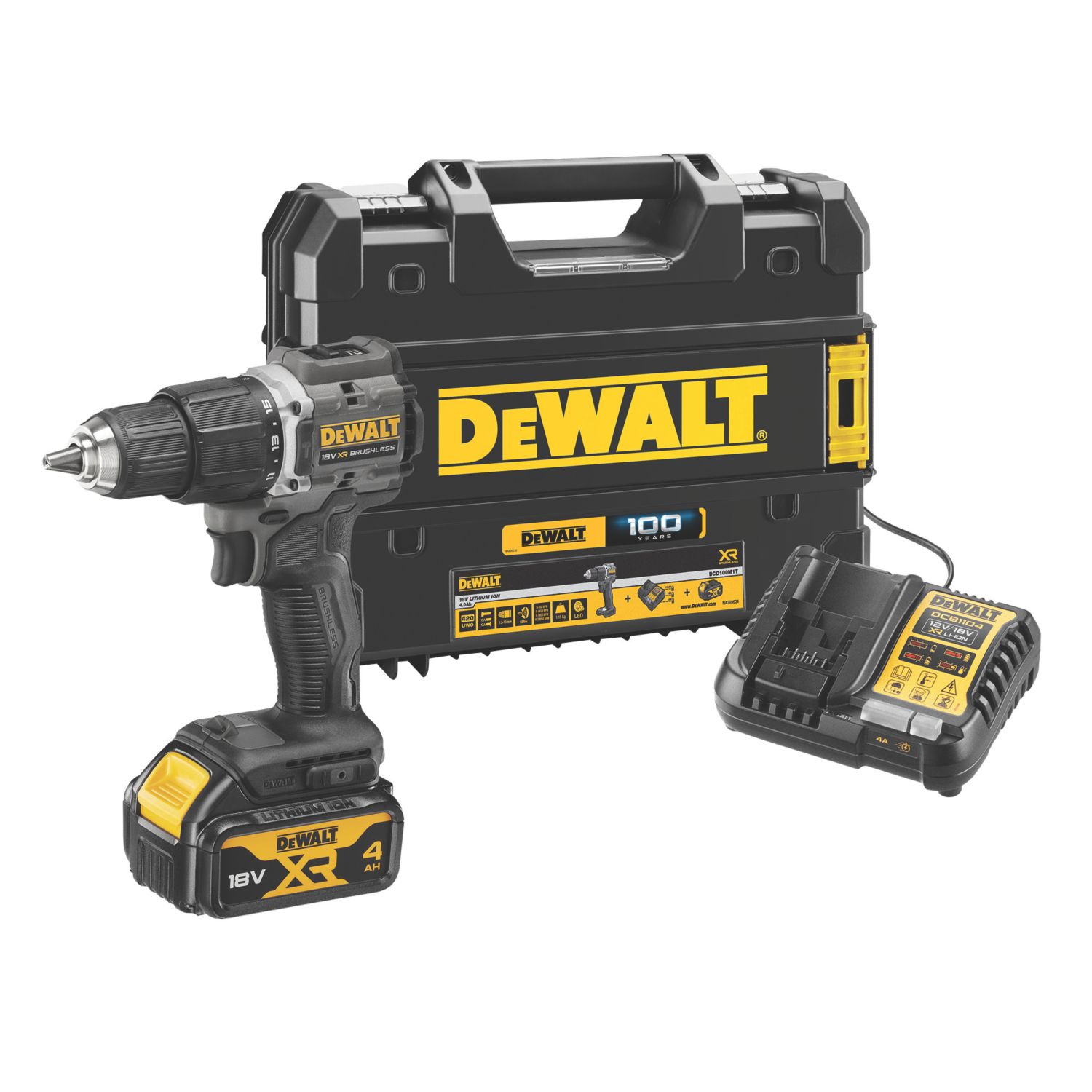 DeWalt 100 Year DCD100M1T-GB 18V 1 x 4Ah Li-Ion XR Brushless Cordless Combi Drill (436PY)