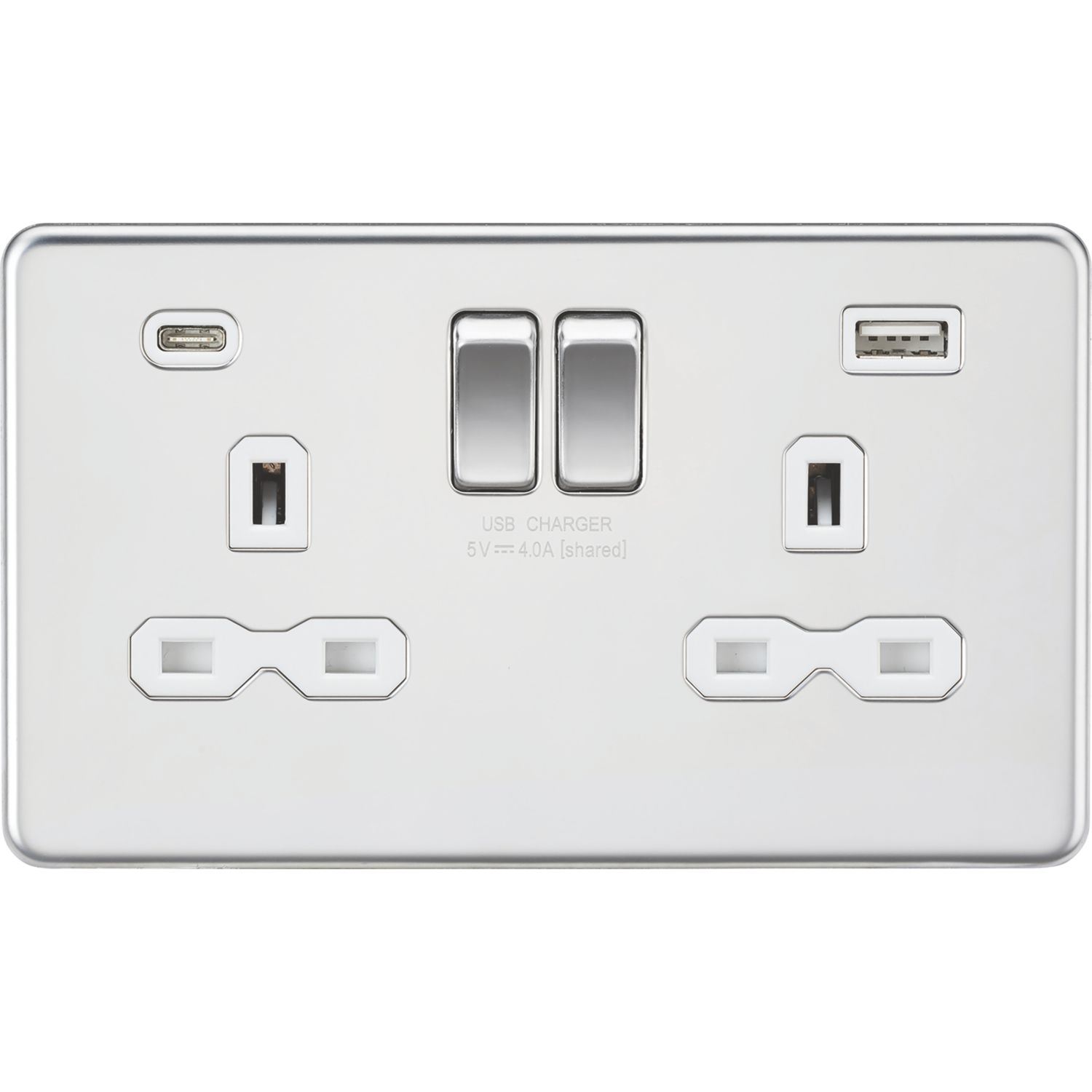 Knightsbridge 13A 2-Gang SP Switched Socket + 4.0A 20W 2-Outlet Type A & C USB Charger Polished Chrome with White Inserts (442PY)