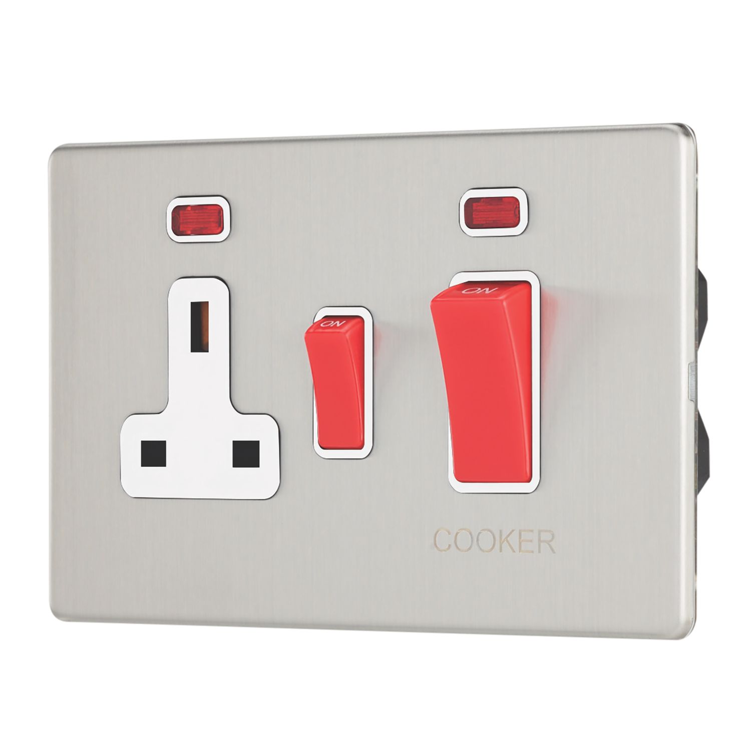 Contactum Lyric 45A 2-Gang DP Cooker Switch & 13A DP Switched Socket Brushed Steel with Neon with White Inserts (442RP)