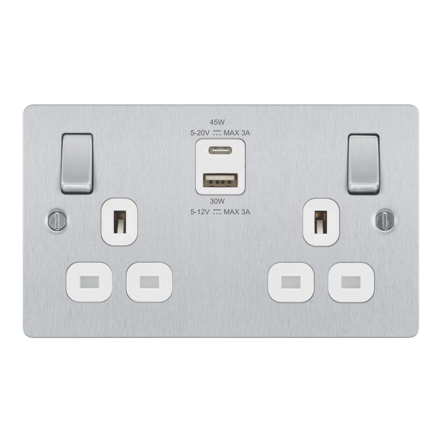 LAP 13A 2-Gang SP Switched Socket + 3A 45W 2-Outlet Type A & C USB Charger Brushed Steel with White Inserts (450PN)