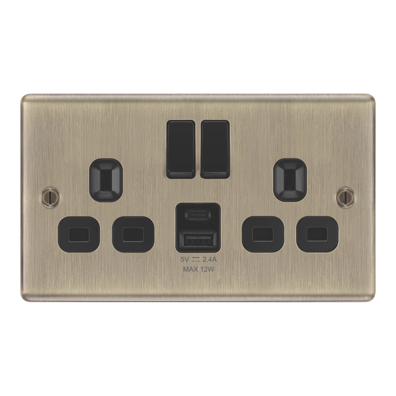 LAP 13A 2-Gang SP Switched Socket + 2.4A 12W 2-Outlet Type A & C USB Charger Antique Brass with Black Inserts (457PN)