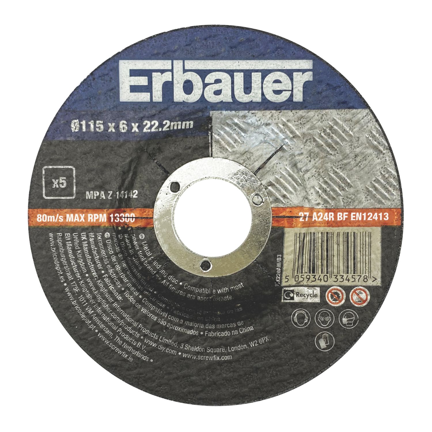 Erbauer Metal Grinding Discs 115mm (4 1/2") x 22.2mm 5 Pack (458PH)