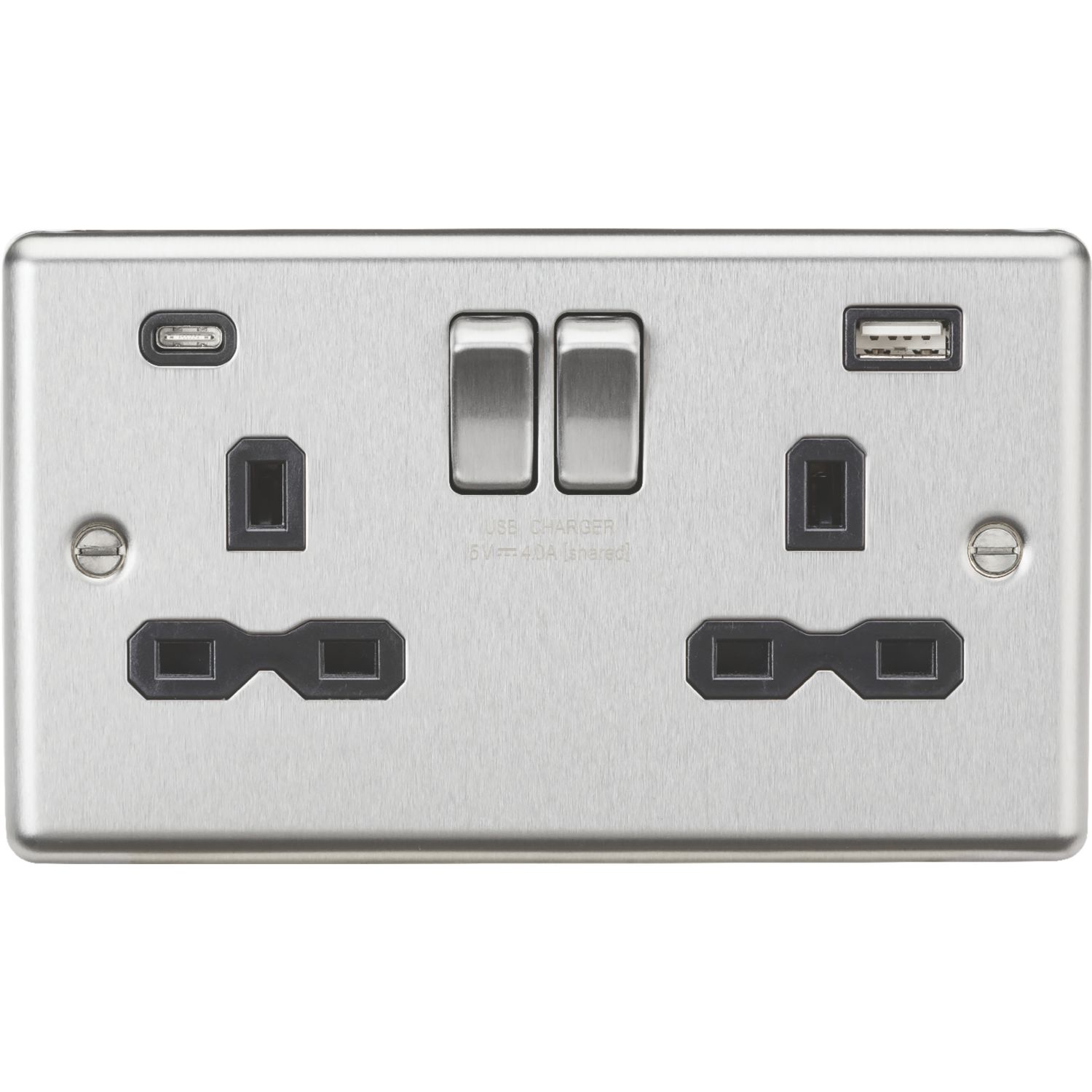 Knightsbridge 13A 2-Gang SP Switched Socket + 4.0A 20W 2-Outlet Type A & C USB Charger Brushed Chrome with Black Inserts (462PX)