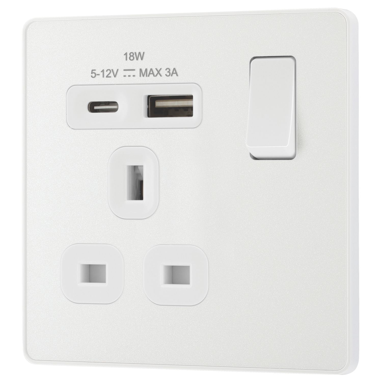 British General Evolve 13A 1-Gang SP Switched Socket + 3A 18W 2-Outlet Type A & C USB Charger Pearlescent White with White Inserts (466CH)