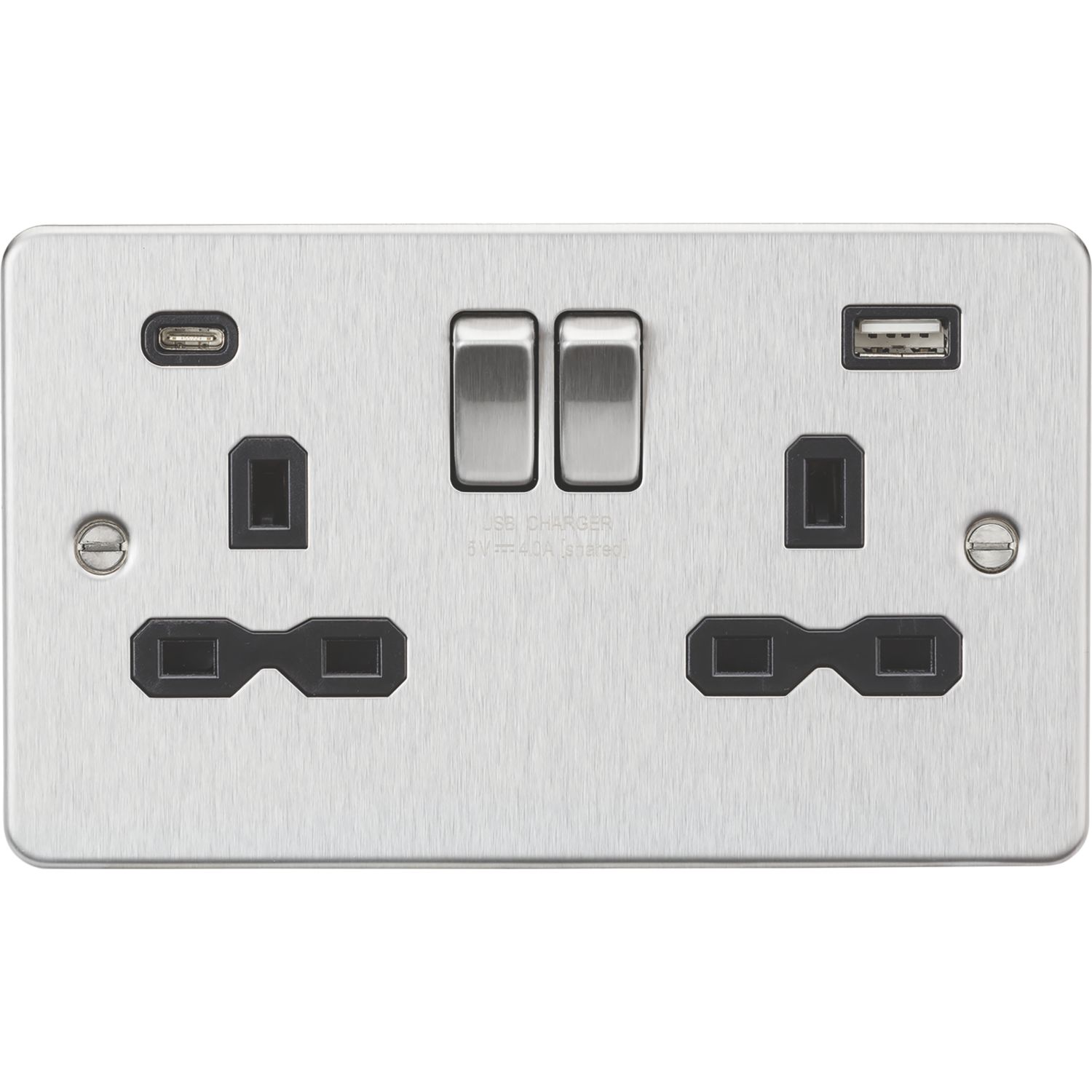 Knightsbridge 13A 2-Gang SP Switched Socket + 4.0A 20W 2-Outlet Type A & C USB Charger Brushed Chrome with Black Inserts (469PY)