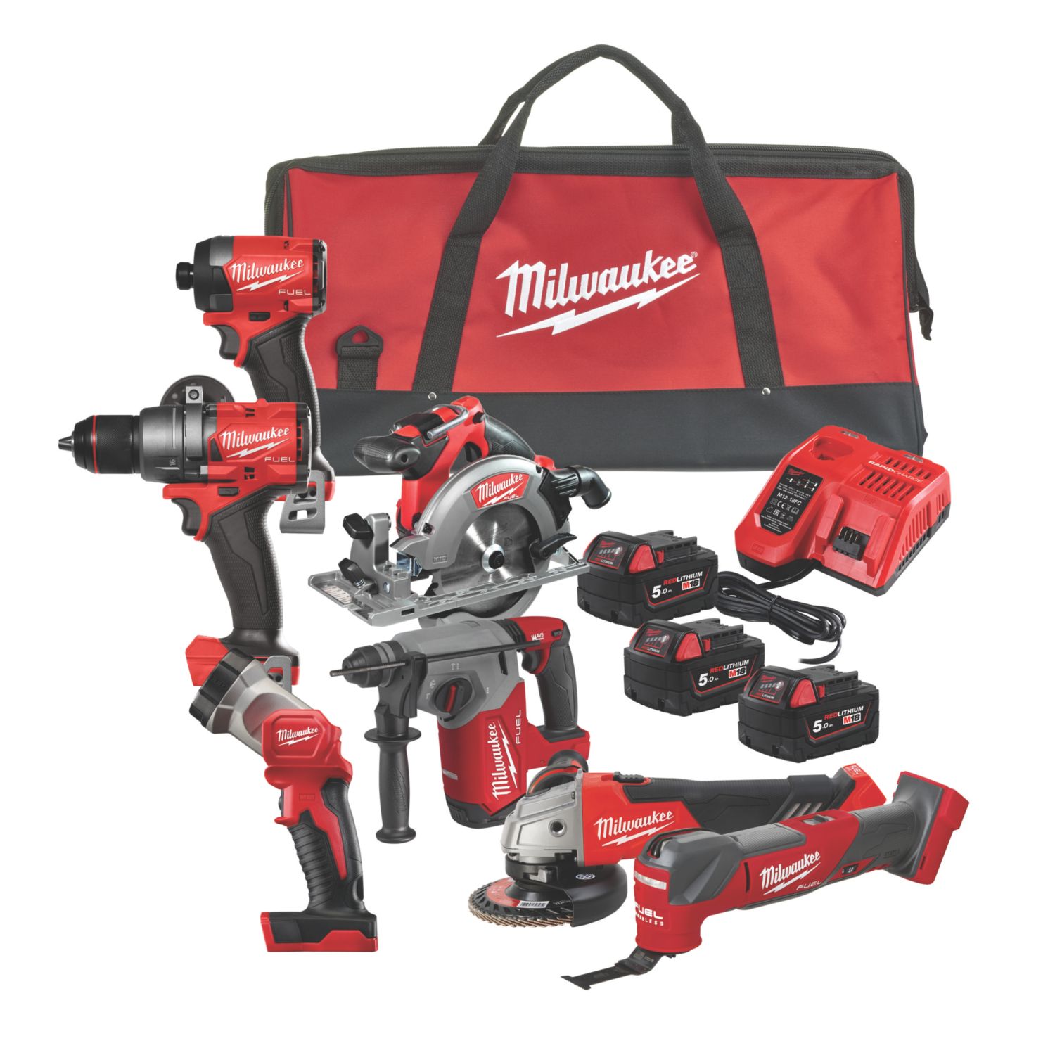 Milwaukee M18 FPP7A3-503B FUEL 18V 3 x 5.0Ah Li-Ion RedLithium Brushless Cordless 7 Piece Power Tool Kit (473GE)