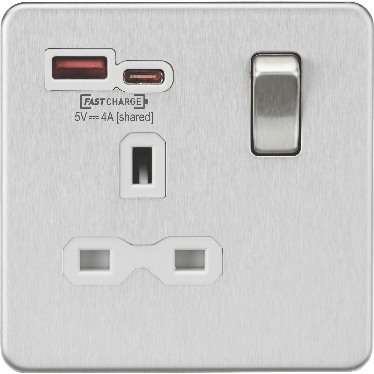 Knightsbridge 13A 1-Gang SP Switched Socket + 4.0A 20W 2-Outlet Type A & C USB Charger Brushed Chrome with White Inserts (473PX)