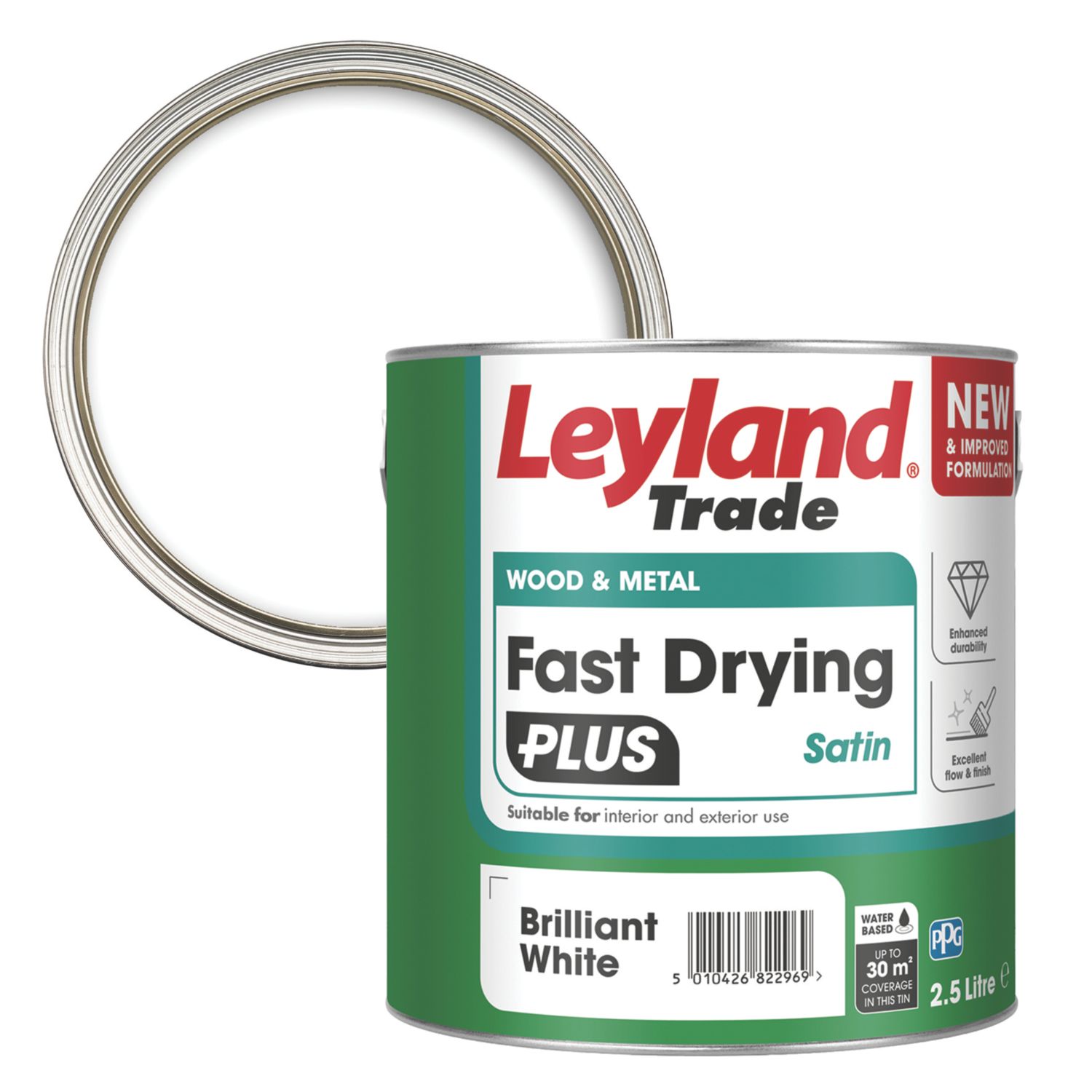 Leyland Trade 2.5Ltr Brilliant White Satin Water-Based Trim Paint (476YC)