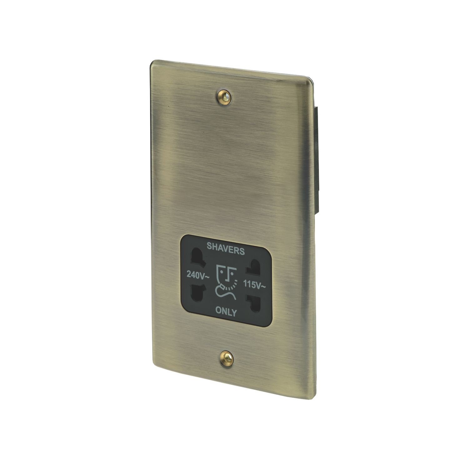British General Nexus Metal 2-Gang Dual Voltage Shaver Socket 115 / 240V Antique Brass with Black Inserts (47757)