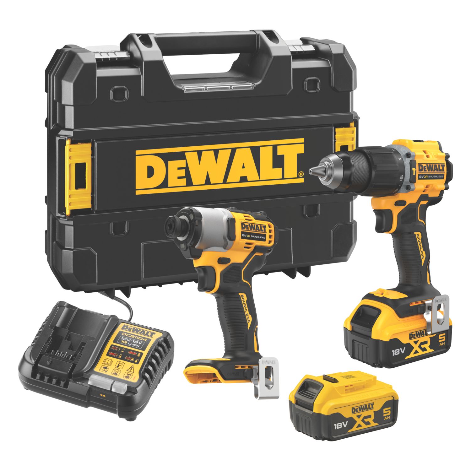 DEWALT DCK2029P2T-GB 18V 2 x 5.0Ah Li-Ion XR Brushless Cordless Combi Drill & Impact Driver Twin Kit (477AE)