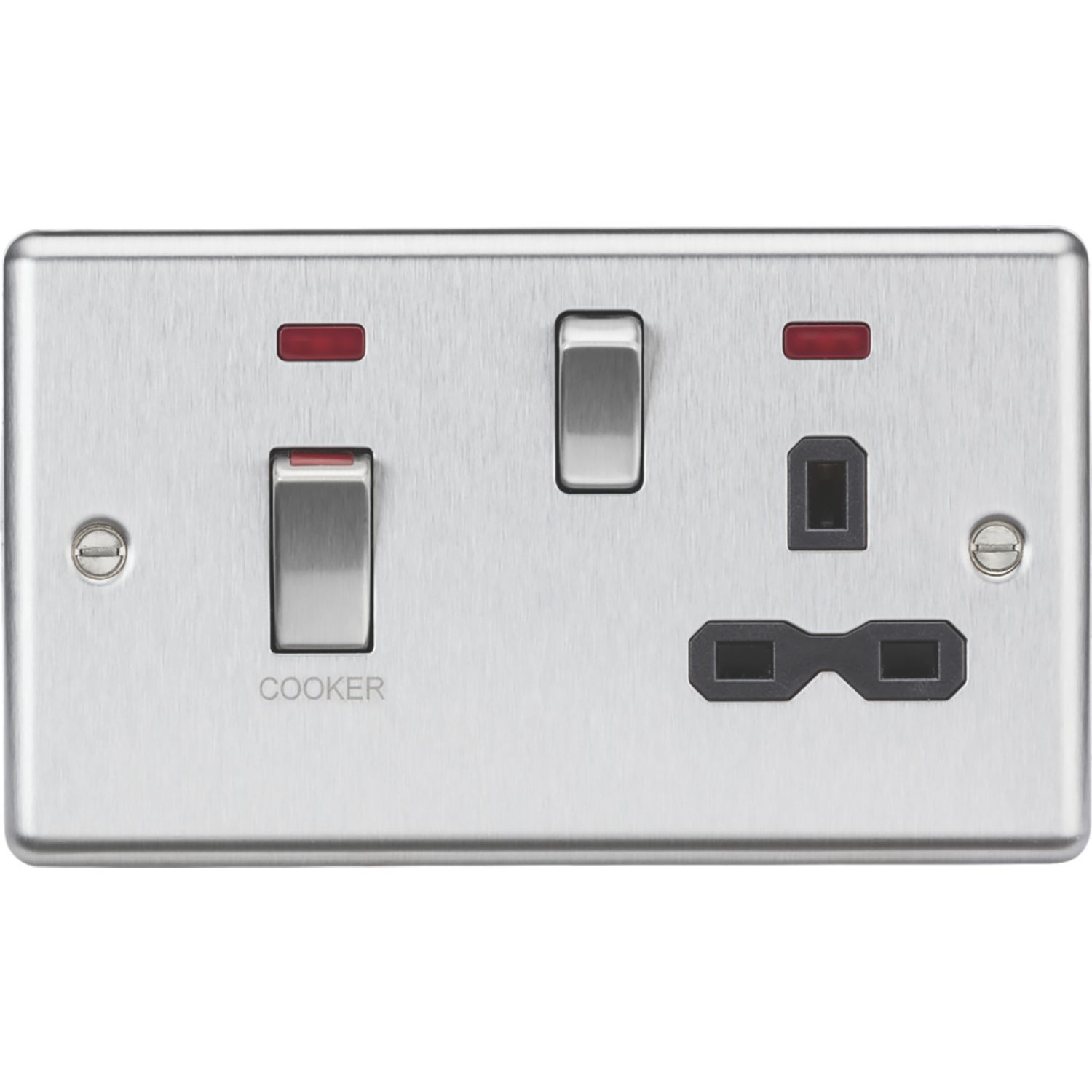 Knightsbridge 45A 2-Gang DP Cooker Switch & 13A DP Switched Socket Brushed Chrome with LED with Black Inserts (481VR)