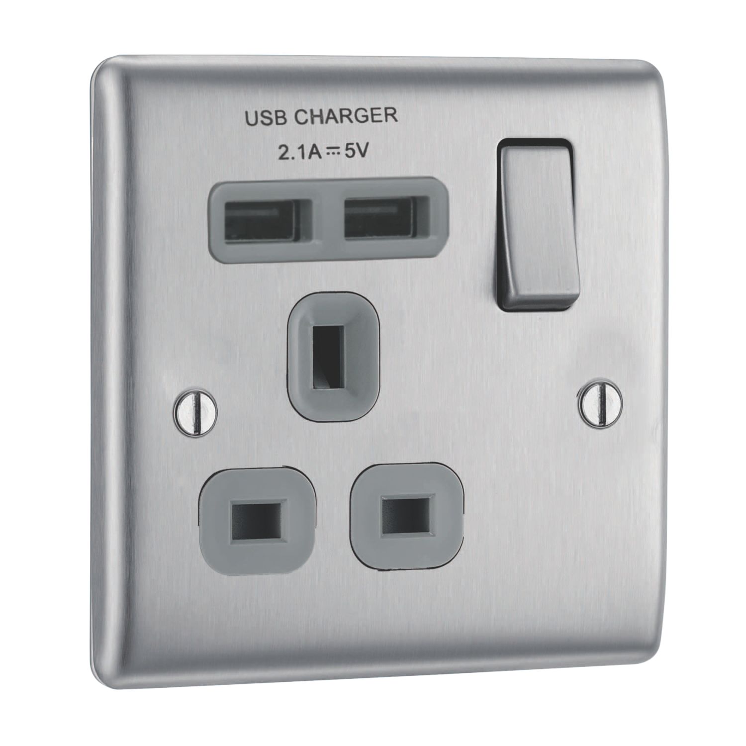 British General Nexus Metal 13A 1-Gang SP Switched Socket + 2.1A 10.5W 2-Outlet Type A USB Charger Brushed Steel with Graphite Inserts (4846R)