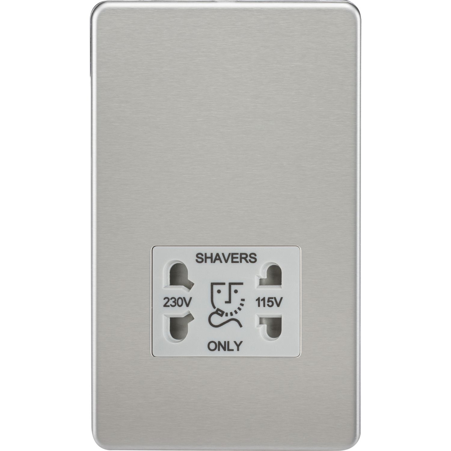 Knightsbridge 2-Gang Dual Voltage Shaver Socket 115 V / 230V Brushed Chrome with Colour-Matched Inserts (485VF)