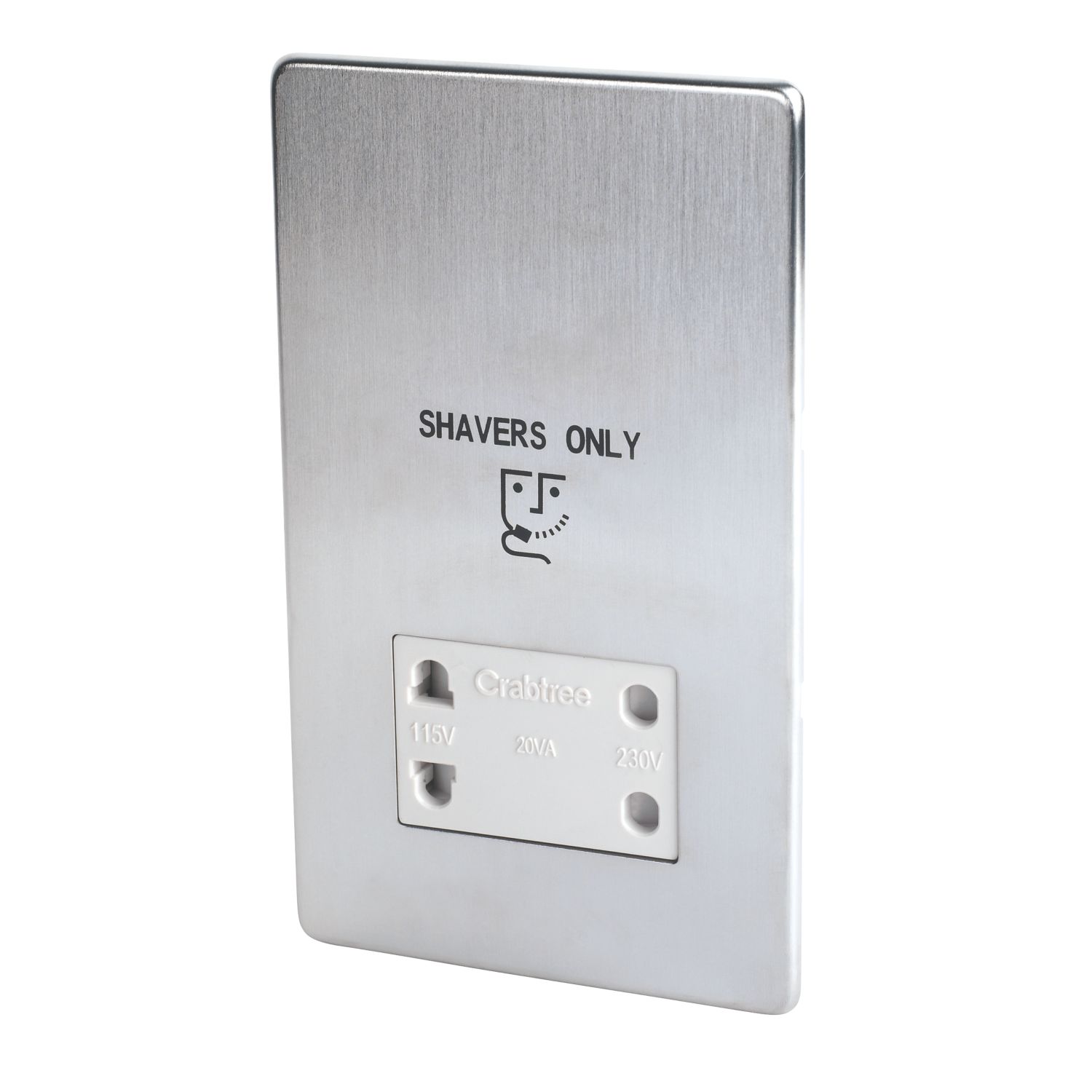 Crabtree Platinum 2-Gang Dual Voltage Shaver Socket 115 / 230V Satin Chrome with White Inserts (4893H)