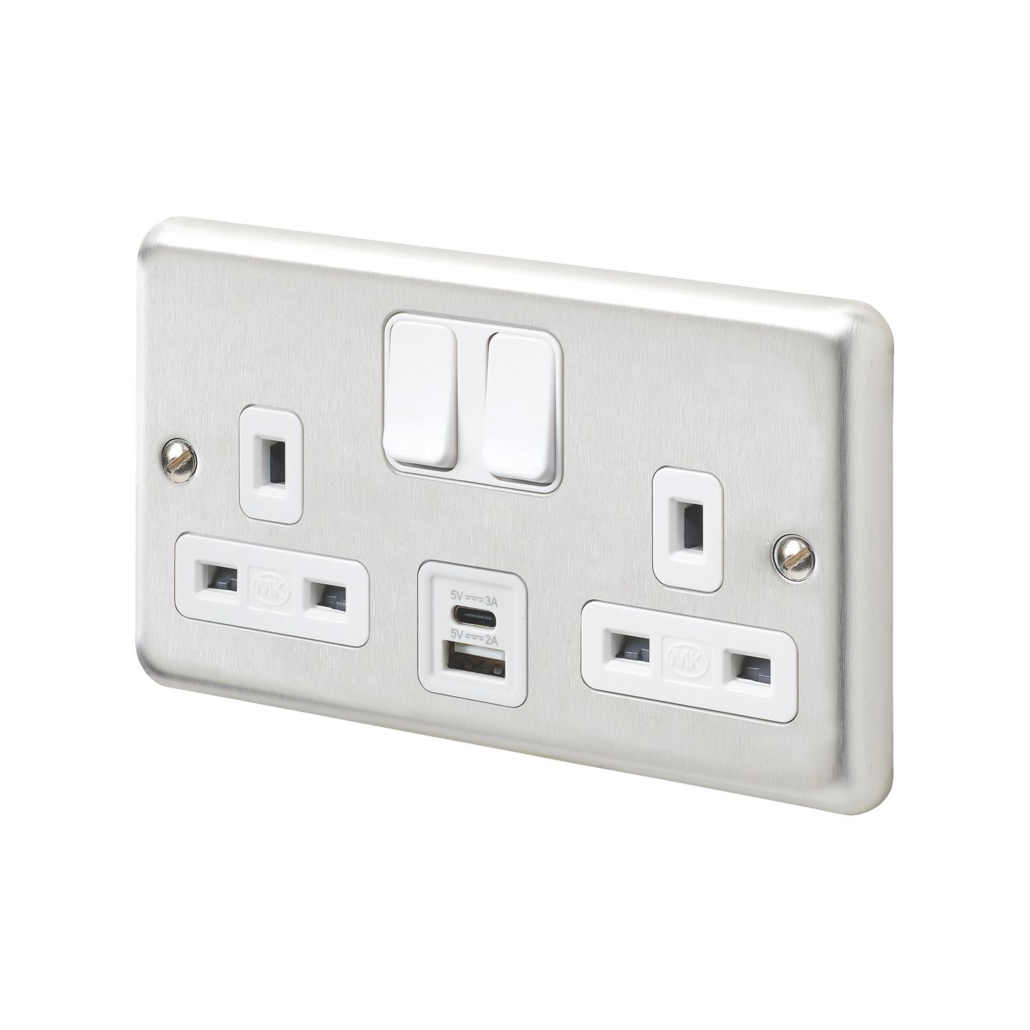 MK Contoura 13A 2-Gang DP Switched Socket + 3A 15.5W 2-Outlet Type A & C USB Charger Brushed Stainless Steel with White Inserts (493RG)
