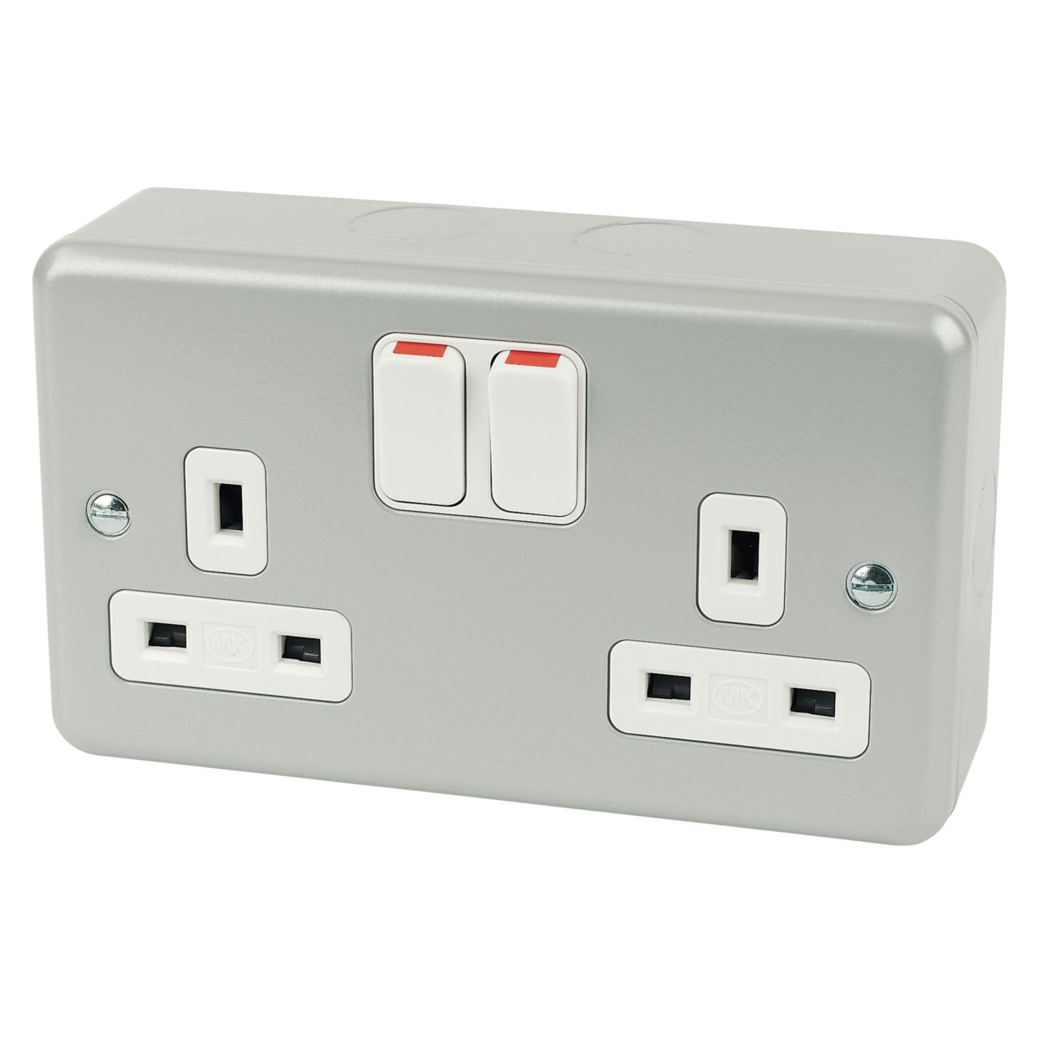 MK Metalclad Plus 13A 2-Gang DP Switched Metal Clad Plug Socket with White Inserts (49437)