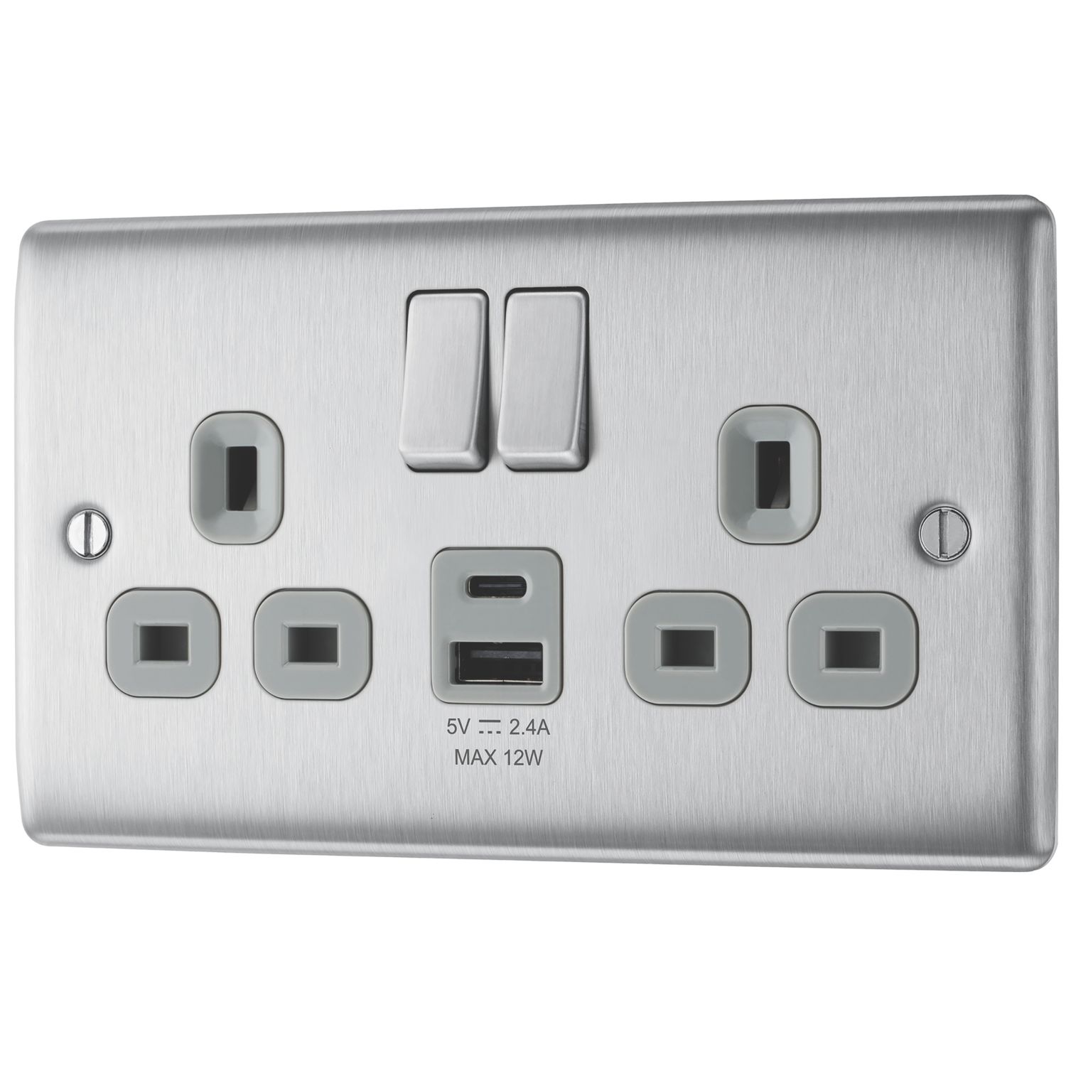 British General Nexus Metal 13A 2-Gang SP Switched Socket + 2.4A 12W 2-Outlet Type A & C USB Charger Brushed Steel with Grey Inserts (494PM)