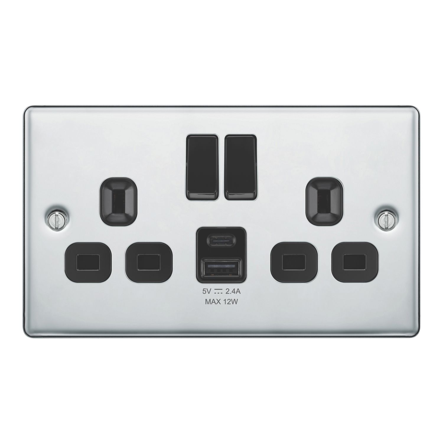 LAP 13A 2-Gang SP Switched Socket + 2.4A 12W 2-Outlet Type A & C USB Charger Polished Chrome with Black Inserts (500PN)