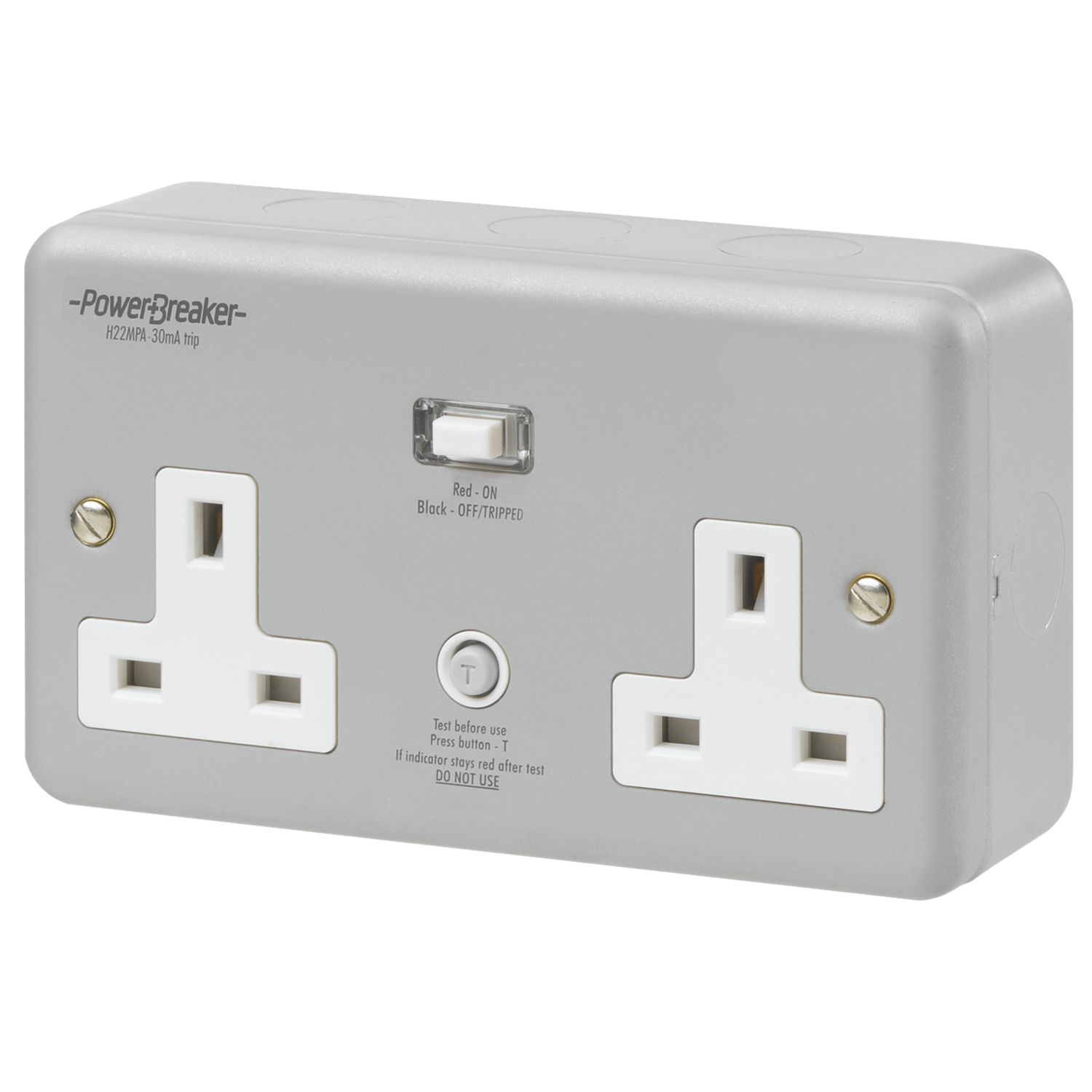 PowerBreaker 13A 2-Gang Unswitched Metal Clad Passive RCD Socket with Neon with White Inserts (50236)