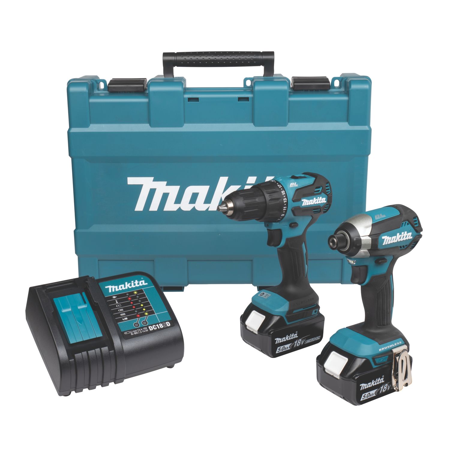 Makita DLX2537ST 18V 2 x 5Ah Li-Ion LXT Brushless Cordless Combi Drill & Impact Driver Twin Pack (503AC)