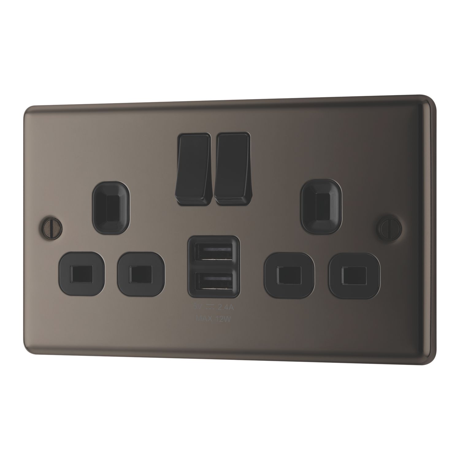 LAP 13A 2-Gang SP Switched Socket + 2.4A 12W 2-Outlet Type A USB Charger Black Nickel with Black Inserts (503PN)