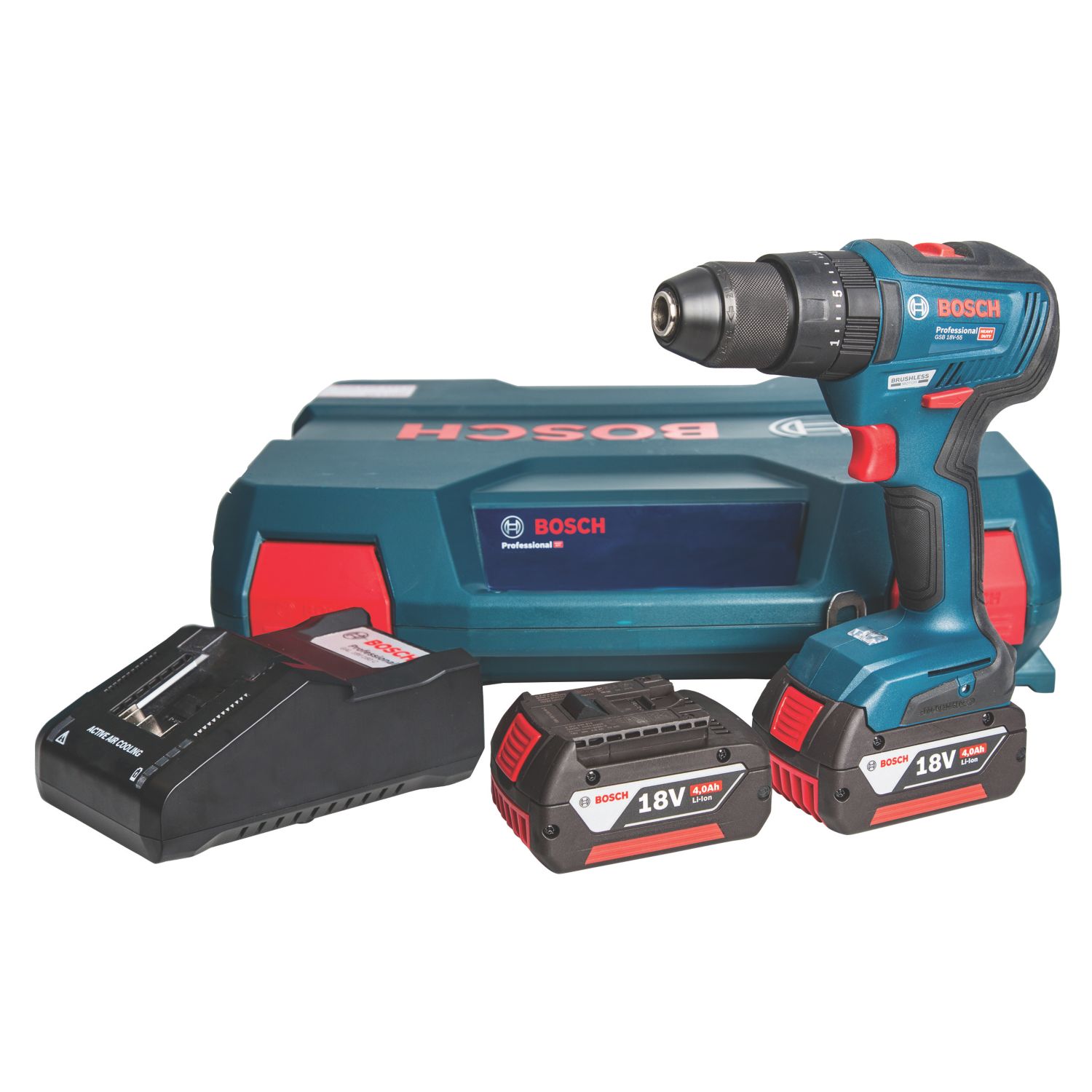 Bosch GSB 18 V-55 18V 2 x 4.0Ah Li-Ion Coolpack Brushless Cordless Combi Drill (506JF)