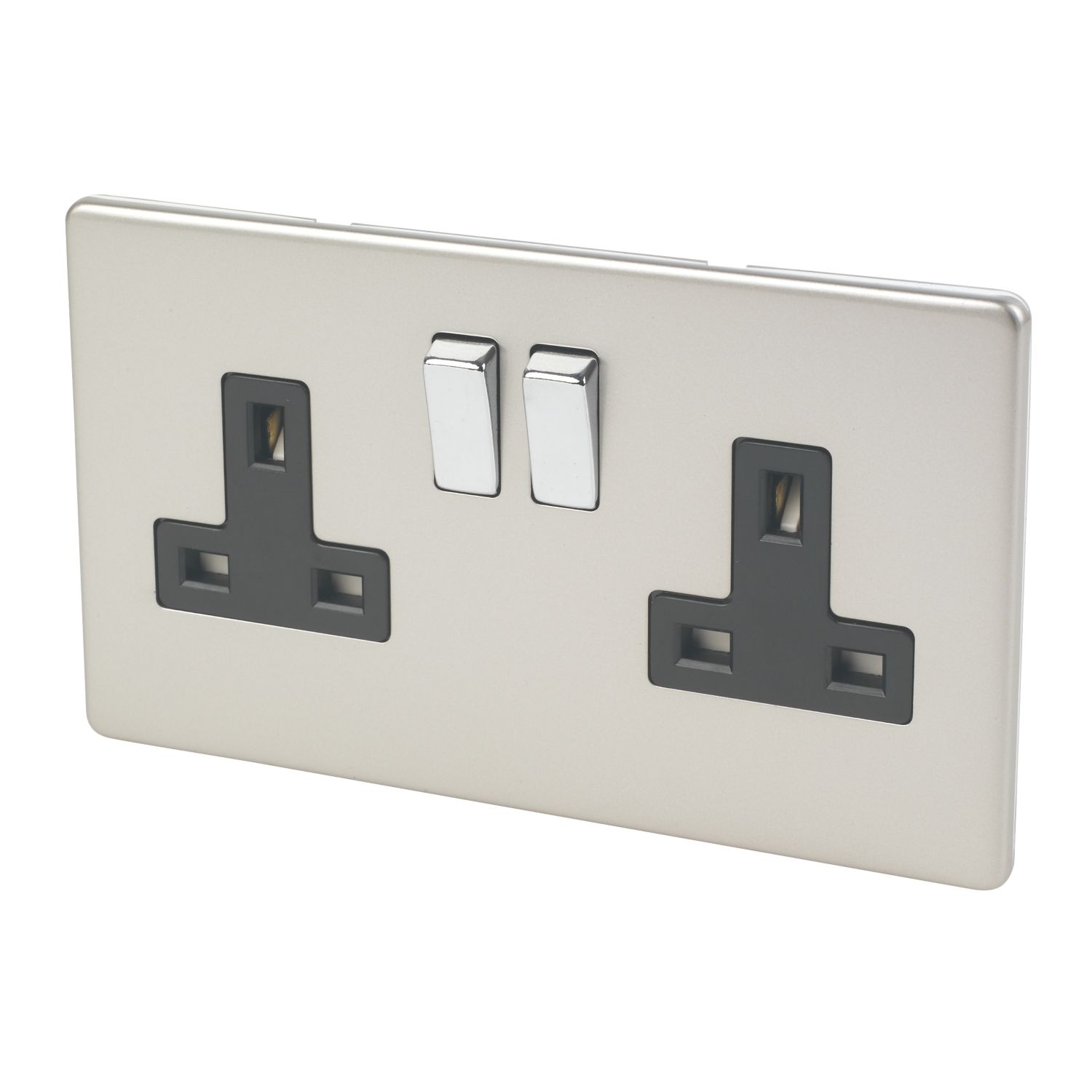Varilight 13AX 2-Gang DP Switched Plug Socket Satin Chrome with Black Inserts (50928)