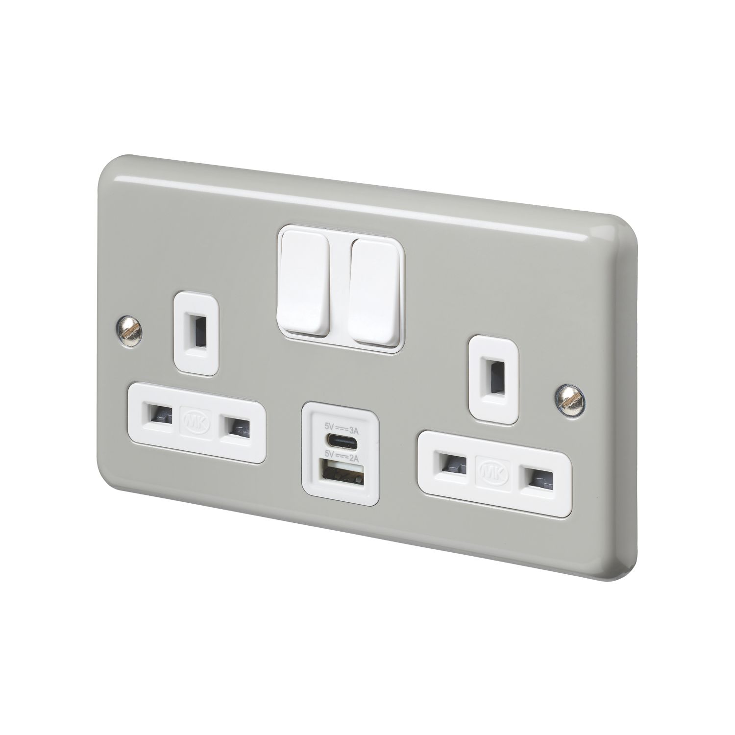 MK Contoura 13A 2-Gang DP Switched Socket + 3A 15.5W 2-Outlet Type A & C USB Charger Grey with White Inserts (510RG)