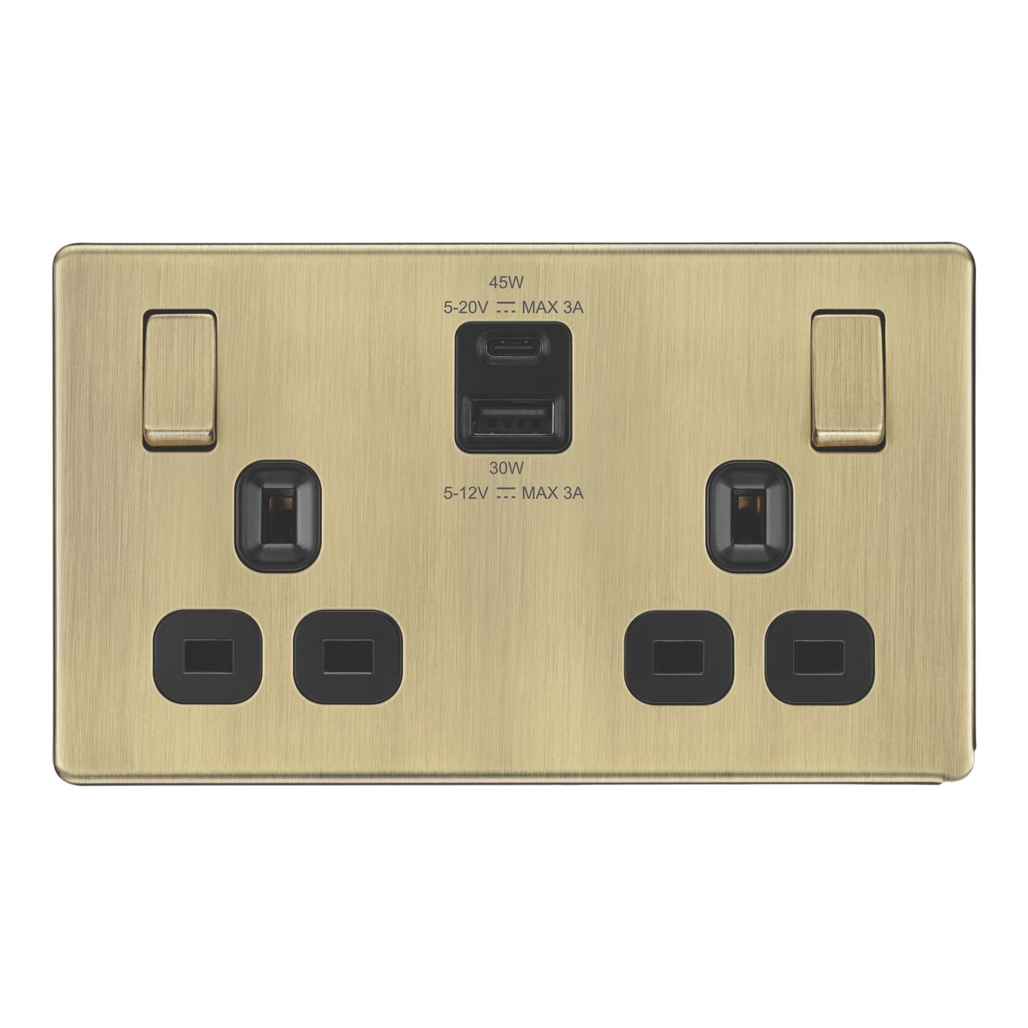 LAP 13A 2-Gang SP Switched Socket + 3A 45W 2-Outlet Type A & C USB Charger Antique Brass with Black Inserts (514PN)