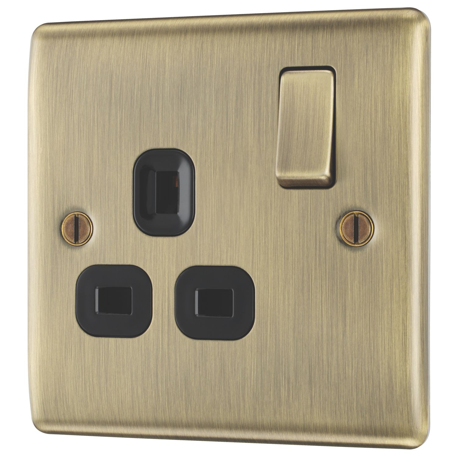 British General Nexus Metal 13A 1-Gang DP Switched Plug Socket Antique Brass with Black Inserts (51551)
