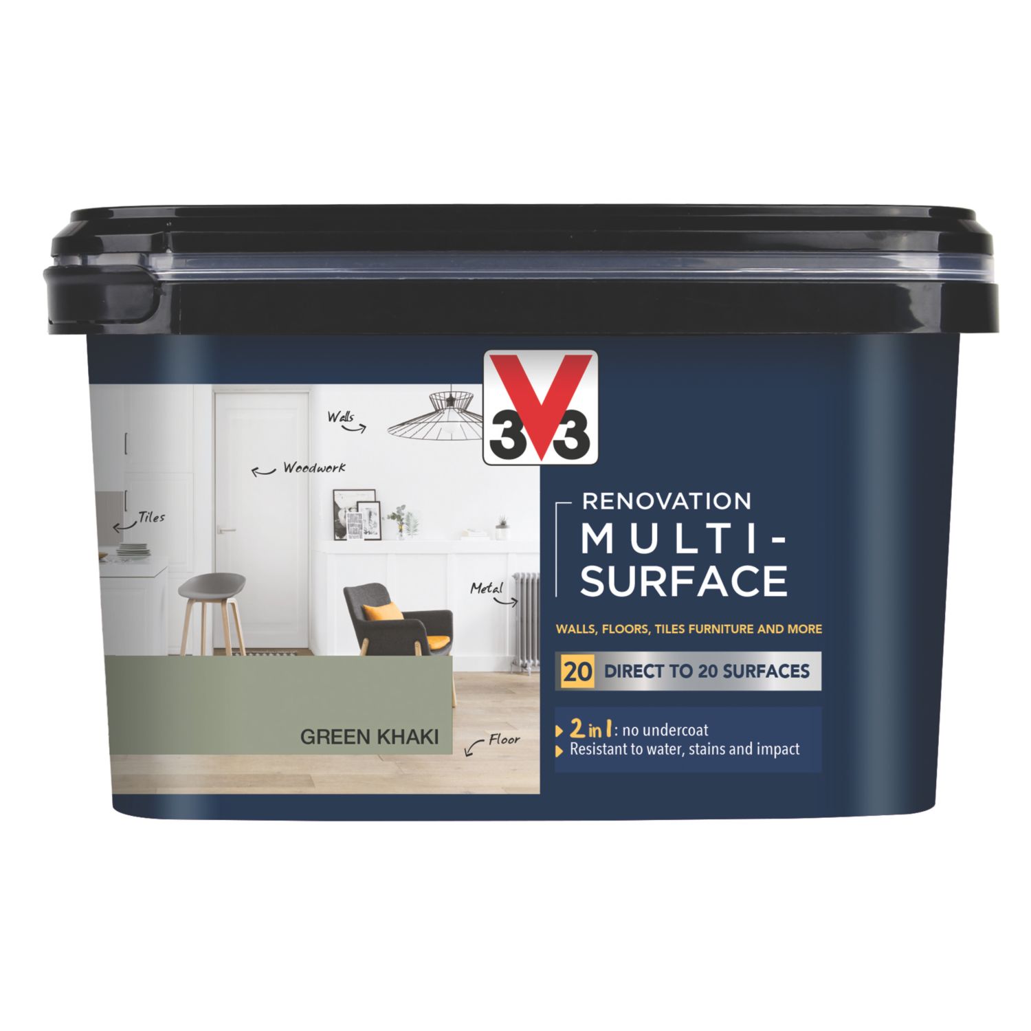 V33 2Ltr Green Khaki Satin Acrylic Multi Surface Paint (523FW)