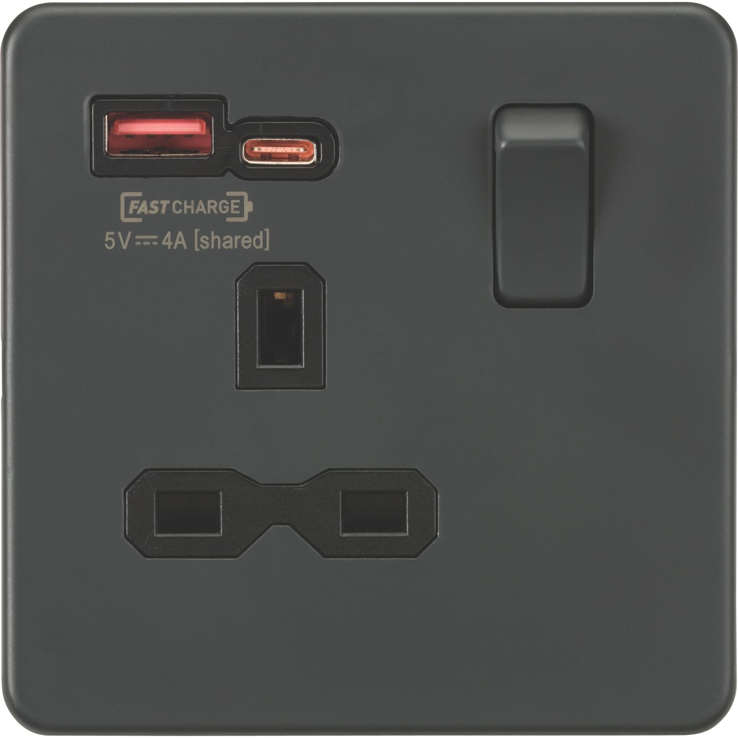 Knightsbridge 13A 1-Gang SP Switched Socket + 4.0A 18W 2-Outlet Type A & C USB Charger Anthracite with Black Inserts (523TY)